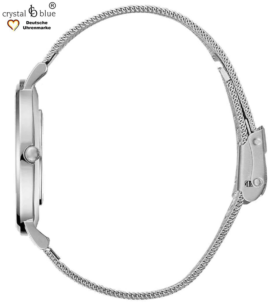 crystal blue Quarzuhr Damenuhr Mesh & Tennisarmband silber mit cubic Zirkonia Kristallen, kostenlose Lieferung