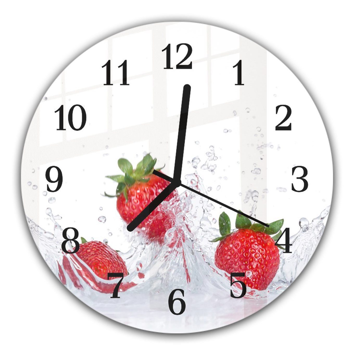 Primedeco Wanduhr Wanduhr Motiv aus Glas Erdbeeren - mit Durchmesser Wasser Rund und 30 Quarzuhrwerk auf cm mit