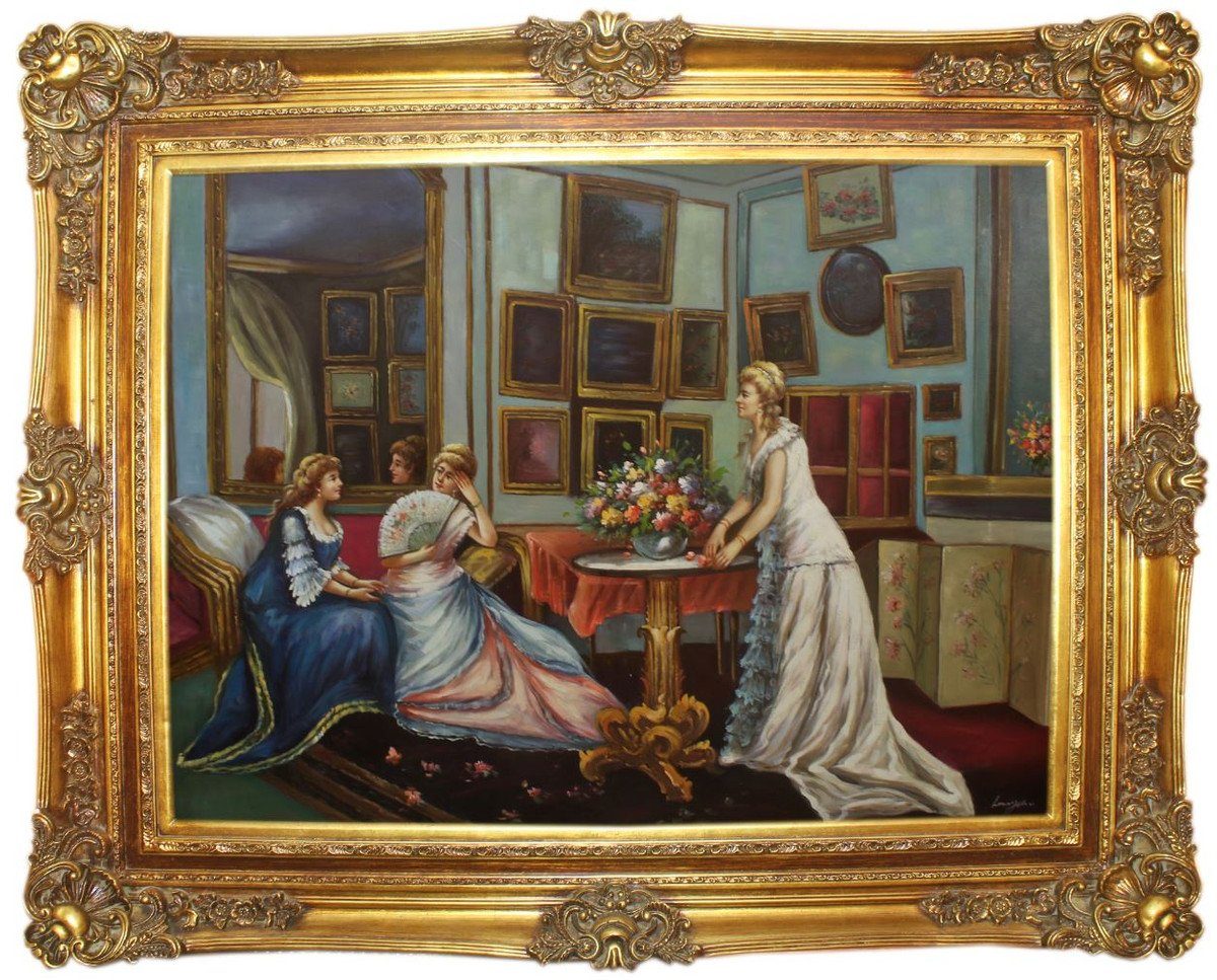 Casa Padrino Ölgemälde Barock Ölgemälde 3 Damen Mehrfarbig / Gold 160 x 10 x H. 130 cm - Handgemaltes Gemälde mit prunkvollem Rahmen im Barockstil - Barock Deko Accessoires
