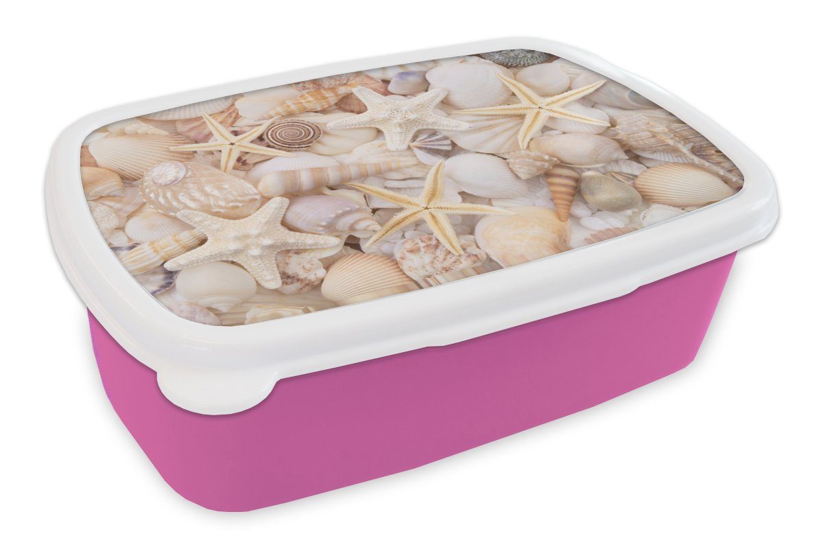 MuchoWow Lunchbox Seestern - Muscheln - Strand - Sommer, Kunststoff, (2-tlg), Brotbox für Erwachsene, Brotdose Kinder, Snackbox, Mädchen, Kunststoff rosa