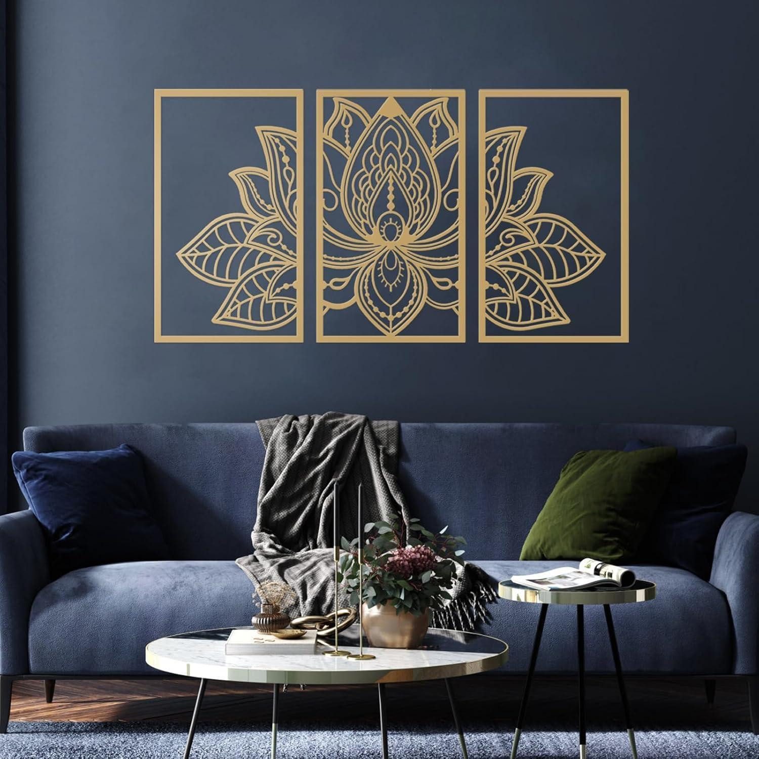 ESTART Wanddekoobjekt Großes 3-teiliges Lotussymbol Metall-Wanddeko-Set 110cm x 56cm Gold