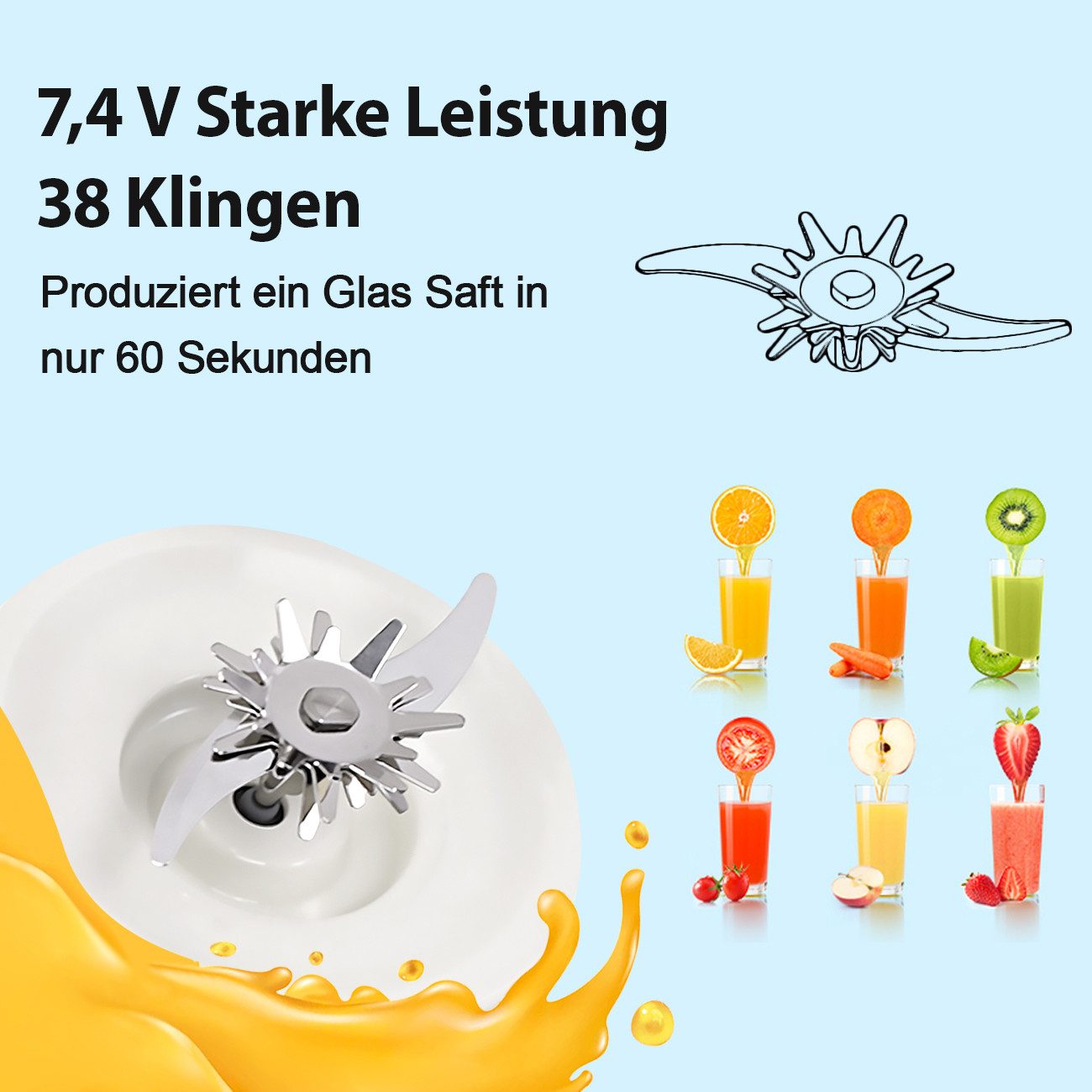 Fine Life Pro Entsafter 800ml Tragbare Smoothie-Maker, Mini-Saftpresse mit Edelstahlmesser, 80W, 1300*2mAh Akku – Frischer Saft überall – Bild 5 von 5