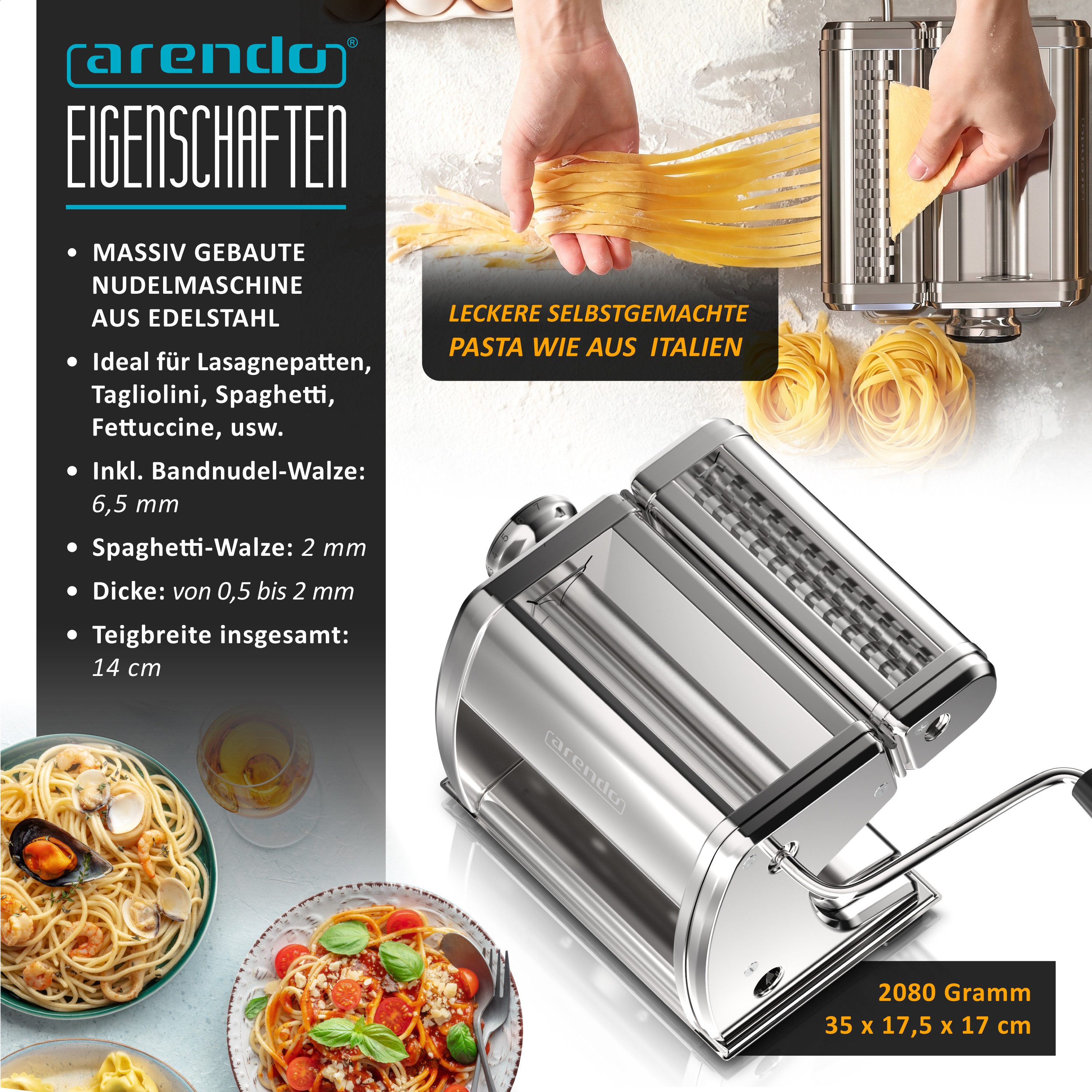 Arendo Nudelmaschine Manueller Edelstahl Pasta Maker, Nudelpresse, 7 einstellbare Stärken, Duplexvorsatz für Spaghetti, Tagliatelle, Lasagne - 2mm und 6,5mm