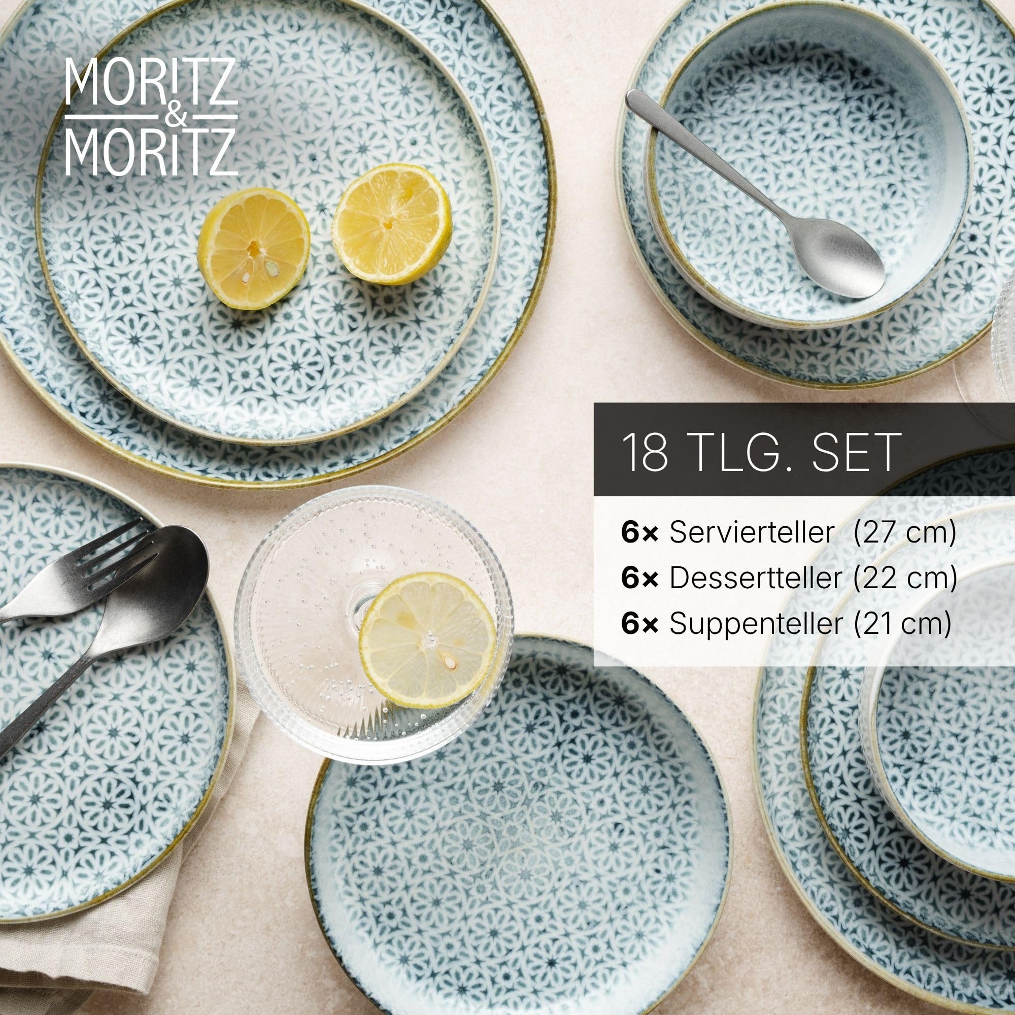 Moritz & Moritz Kombiservice ALHAMBRA Geschirrset Blau (18-tlg), 6 Personen, Porzellan, Spülmaschinengeeignet & Mikrowellensicher – Bild 2 von 3