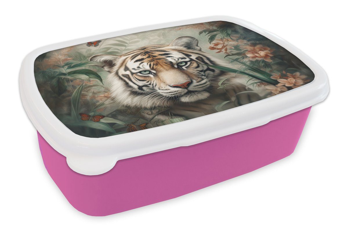 MuchoWow Lunchbox Tiger - Schmetterlinge - Tiere - Dschungel - Blumen, Kunststoff, (2-tlg), Brotbox für Erwachsene, Brotdose Kinder, Snackbox, Mädchen, Kunststoff rosa
