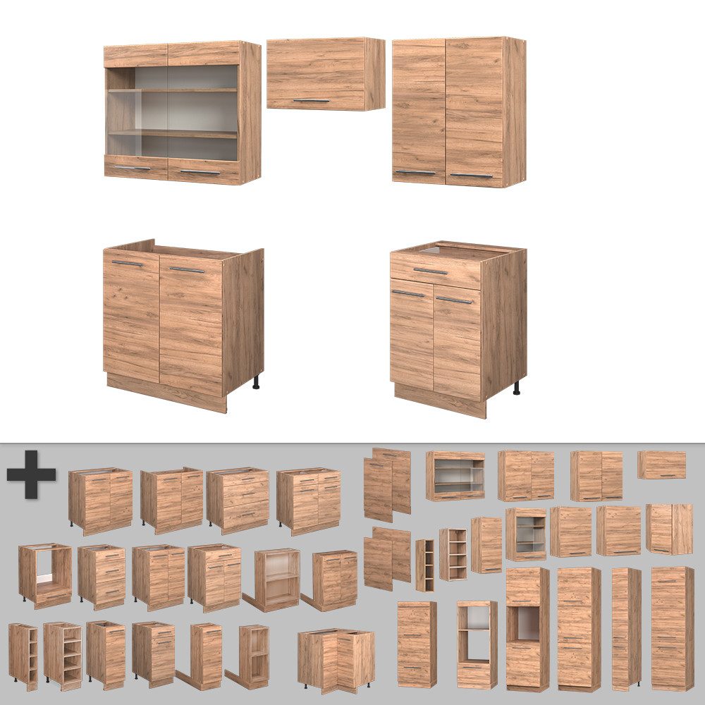 Vicco Küchenzeile Fame-Line, Goldkraft Eiche/Goldkraft Eiche, 200 cm ohne Arbeitsplatte