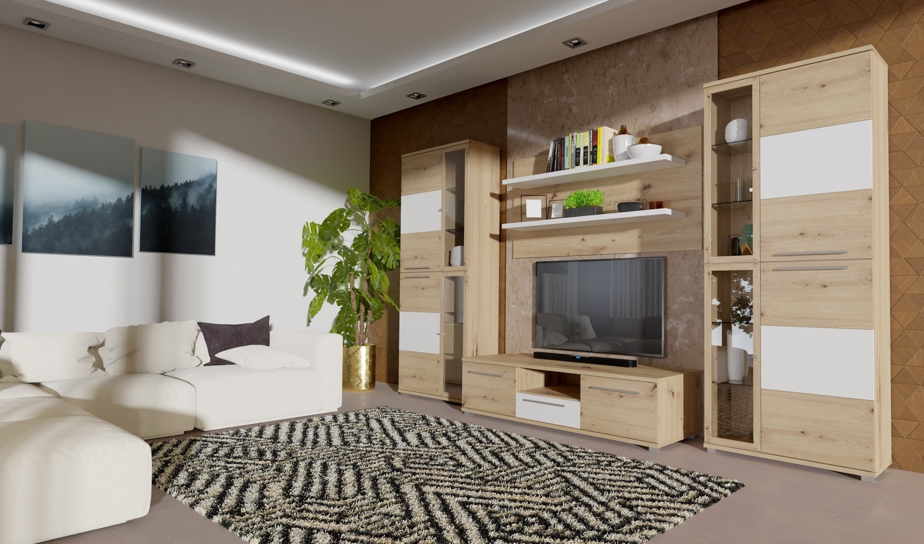 FORTE Wohnwand in Weiss / Artisan Eiche - 334x199,6x55cm (BxHxT)