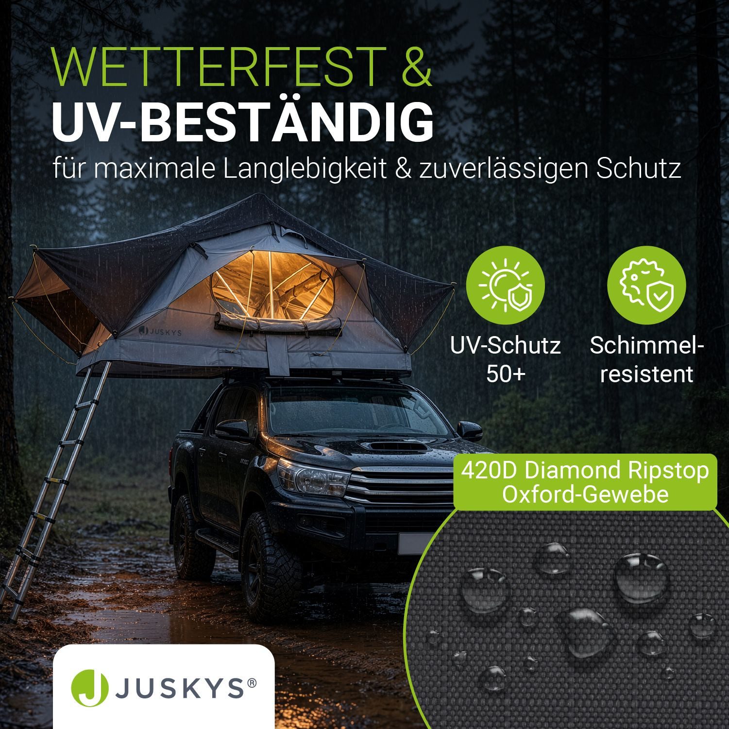 Juskys Dachzelt Lago, Wasserdicht, Teleskopleiter, 2 Personen Zelt, LED Beleuchtung