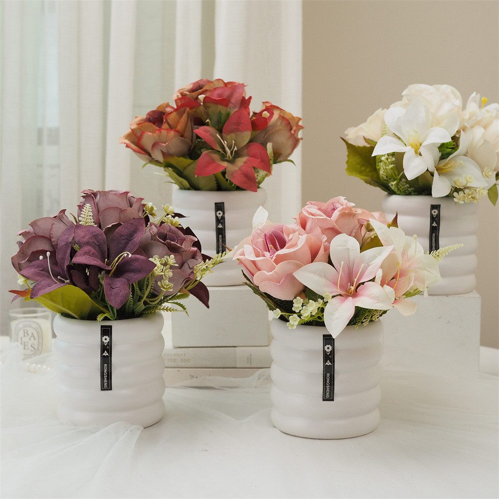 Kunstblumenstrauß Künstliche Lilie Rose Bonsai Set Keramik Tischdekoration günstig online kaufen