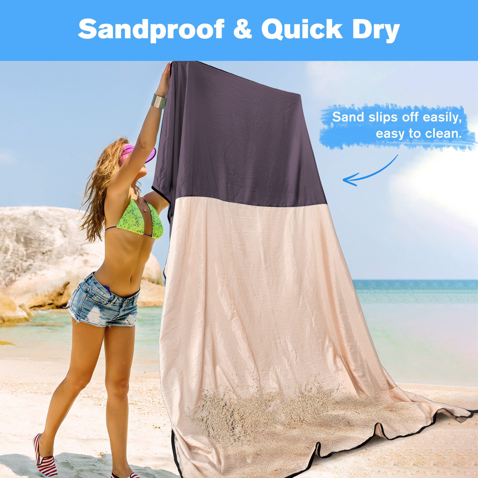 Picknickdecke Stranddecke Sandfrei super groß 210x200 cm, Sanddicht Wasserdicht, Fintie, Super Leicht Dünn Bequem Langlebiges Material, Strandmatte, Strandtuch