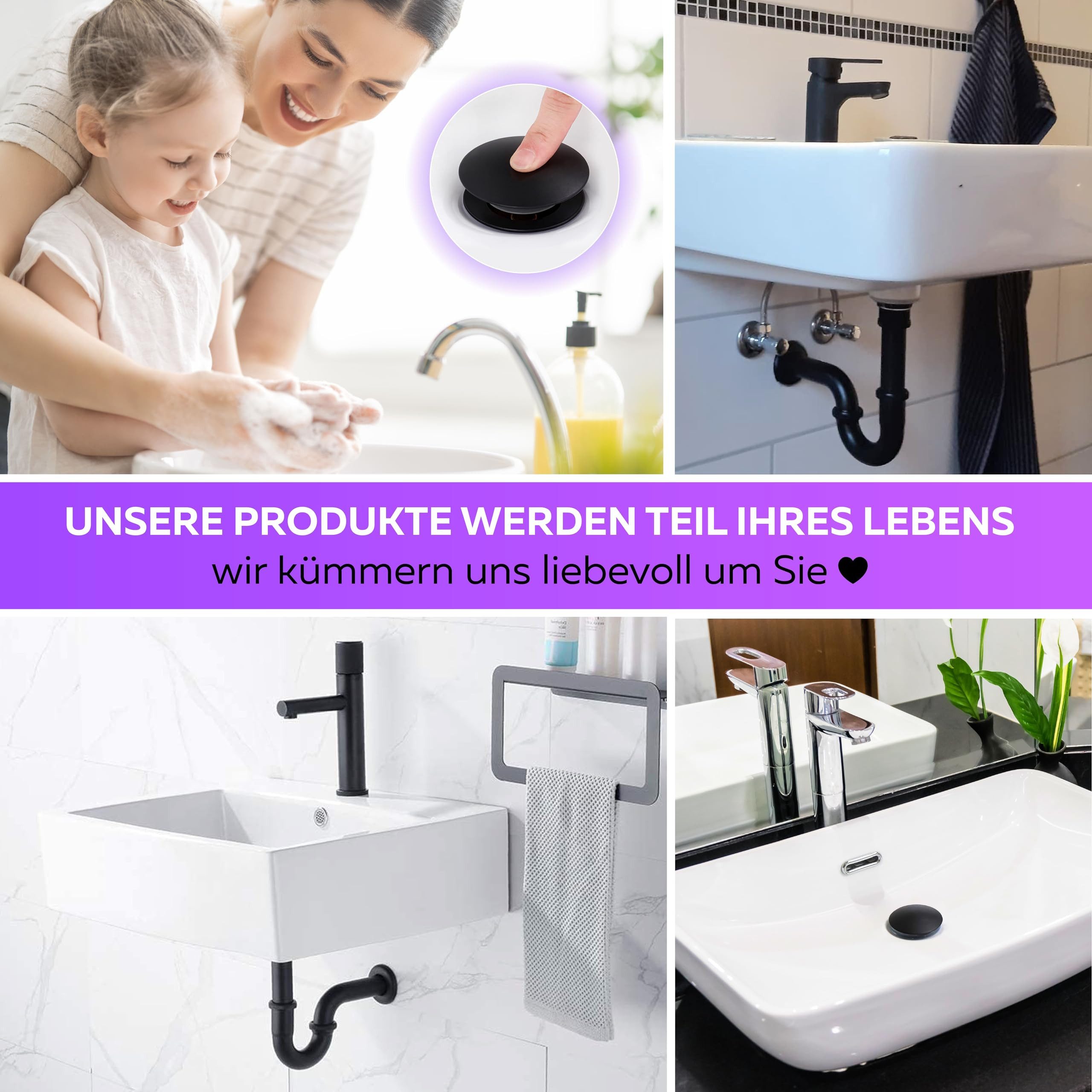 M. Rosenfeld Siphon Waschbecken Ablaufgarnitur mit Überlauf, Pop Up, Schwarz, Universal Röhrensiphon Waschtisch Geruchsverschluss aus Messing