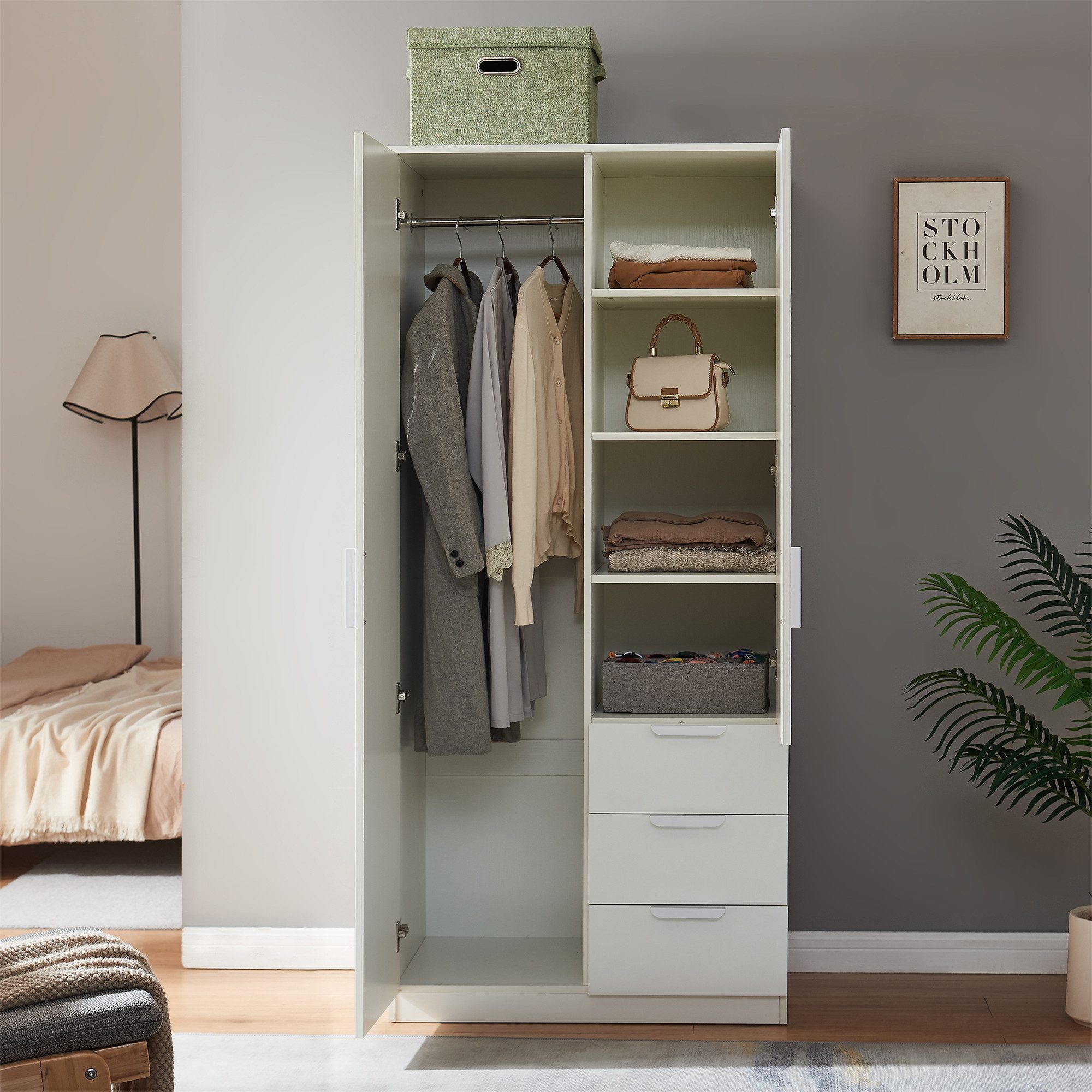 en.casa Kleiderschrank »Eiselfing« 2 Türen, 4 Fächer, 3 Schubladen 176x80x52 cm Weiß – Bild 4 von 5