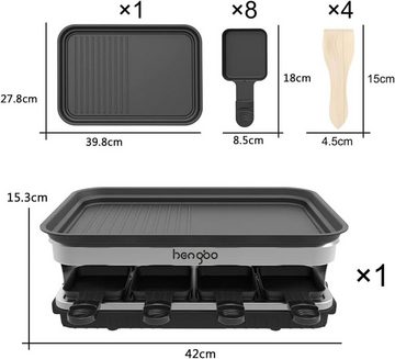 Hengbo Raclette 8 Personen,8 Mini Raclette Pfännchen & 4 Holzspatel, 8 Raclettepfännchen, 1500,00 W, Kreative Aromen, Präzise Temperaturkontrolle Schnelles Aufheizen