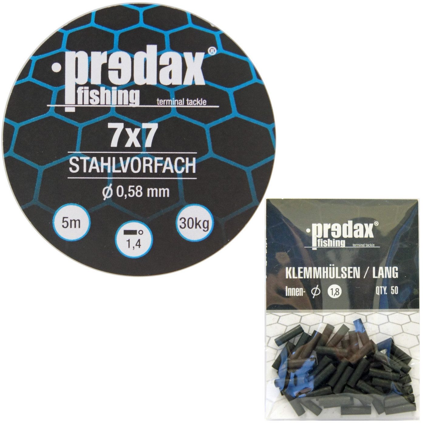 Vorfachschnur Predax Stahlvorfach 7x7 braun 5m 30kg + 50 Klemmhülsen 1,8mm - Set