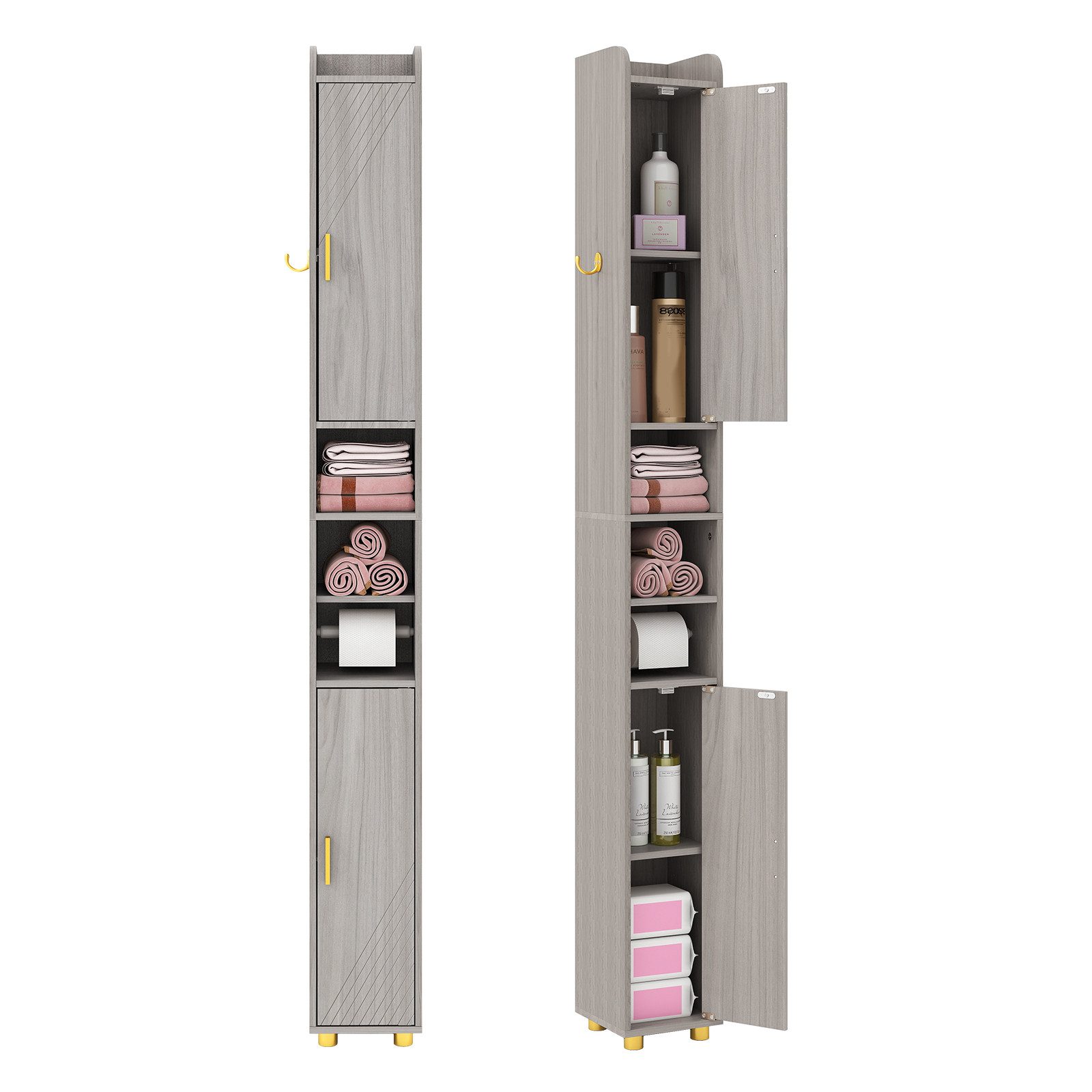 COSTWAY Hochschrank Bad,schmal,mit 2 Lamellentür,5 Fächern,37x37x160cm