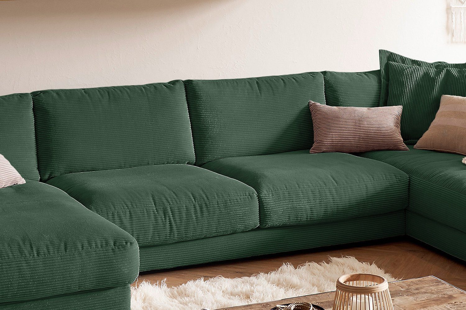 KAWOLA Cord, Farben versch. Longchair links, rechts Sofa MADELINE, Wohnlandschaft U-Form smaragd od.