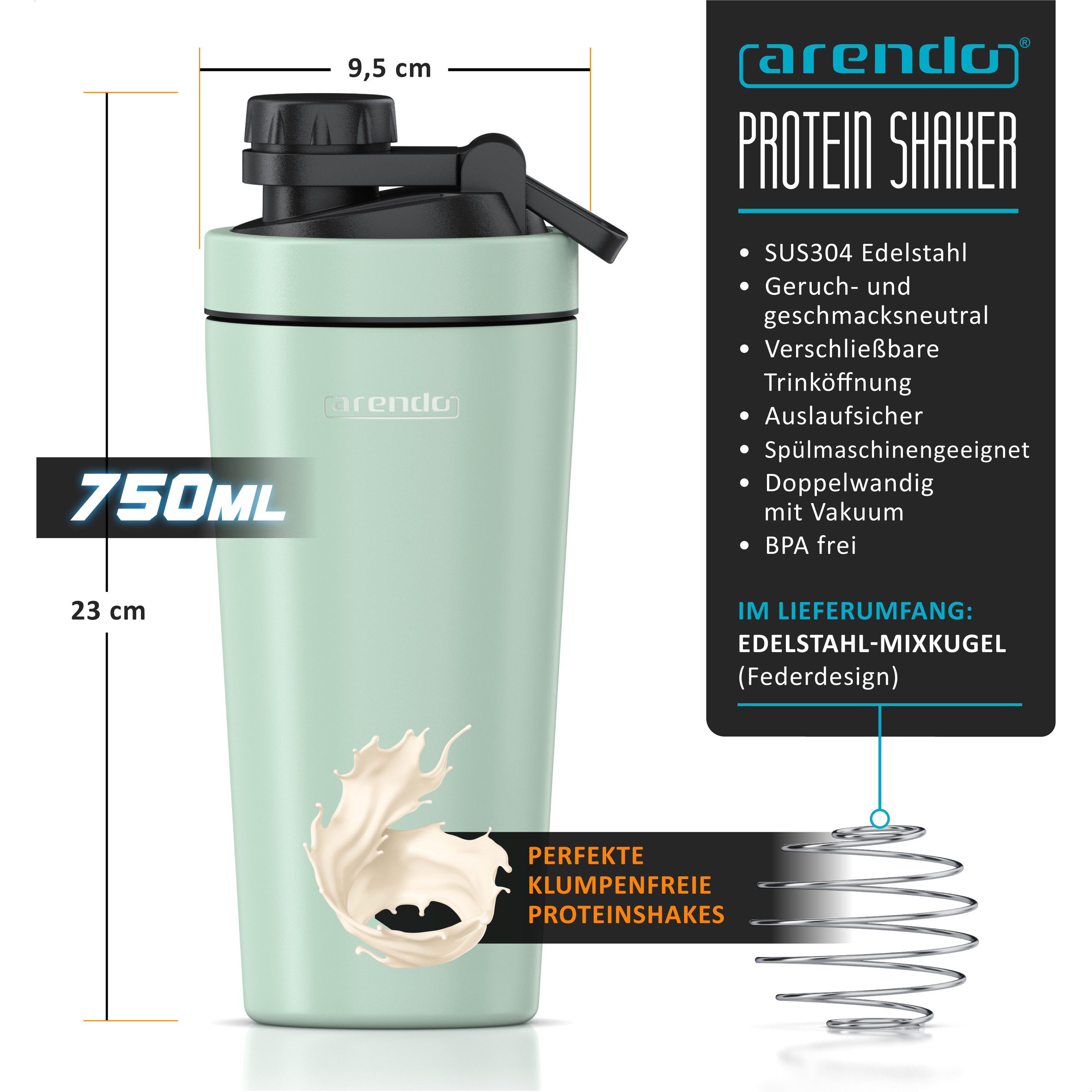 Arendo Protein Shaker Edelstahl Eiweißshaker 750 ml, verschließbar, bruchfest, BPA-frei, Edelstahl, auslaufsicher, spülmaschinengeeignet, mit Tragegriff und Mixball
