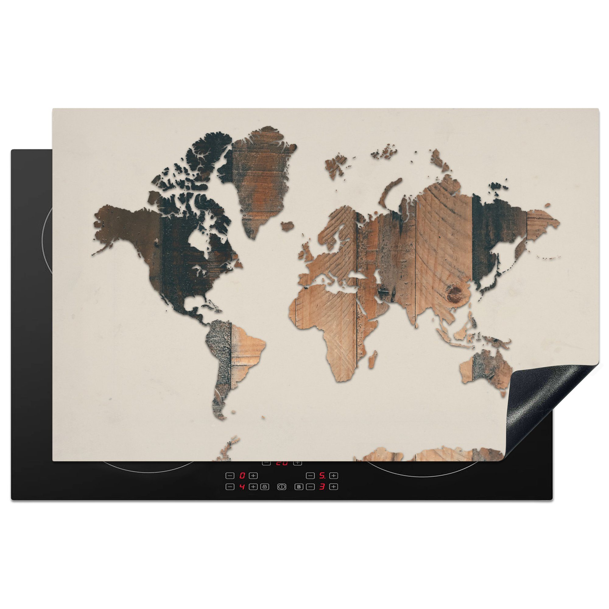MuchoWow Herdblende-/Abdeckplatte Weltkarte - Holz - Beige, Vinyl, (1 tlg), 81x52 cm, Induktionskochfeld Schutz für die küche, Ceranfeldabdeckung