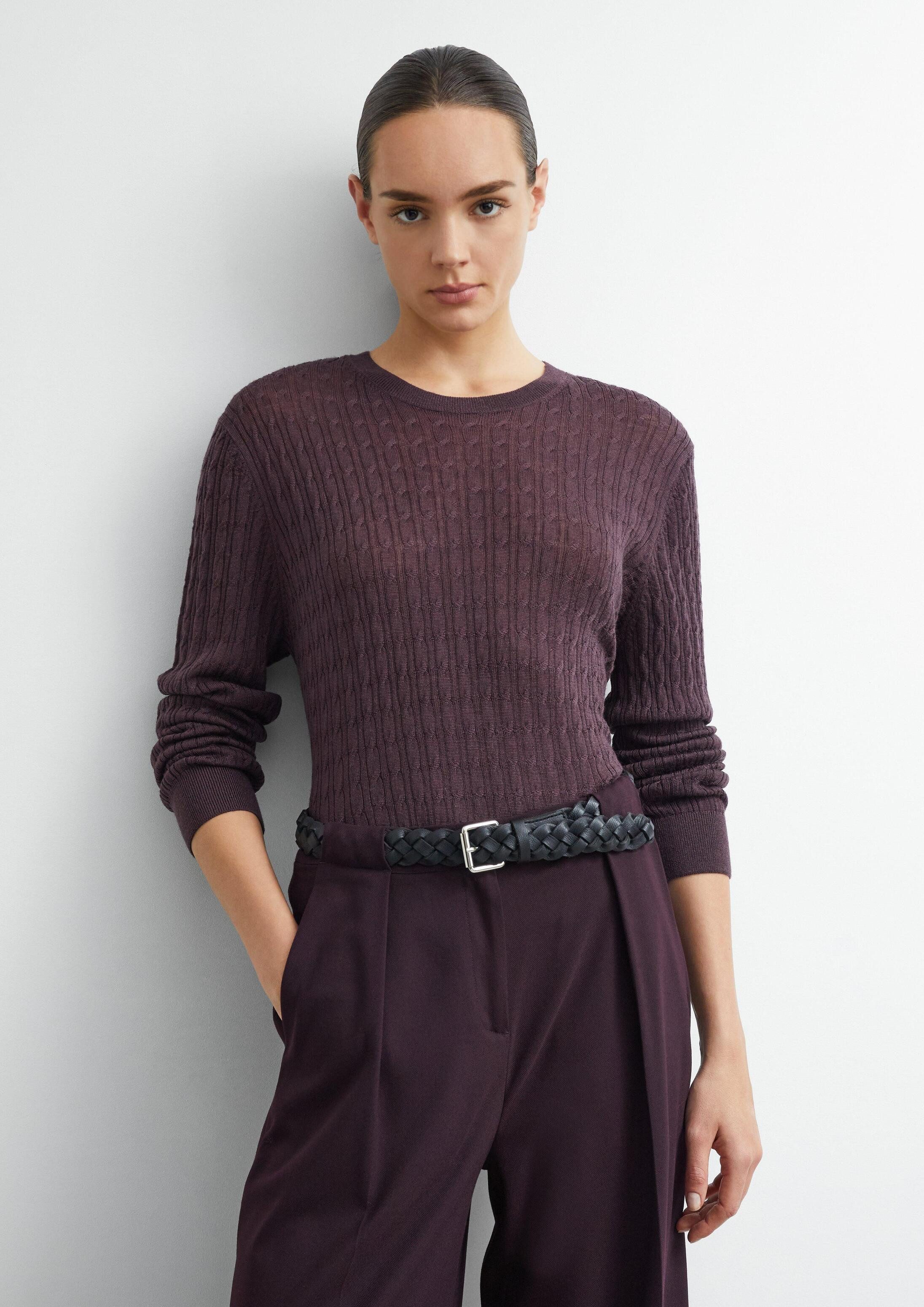 comma Longpullover Strickpullover Strickpullover aus Merinowolle mit Zopfmuster
