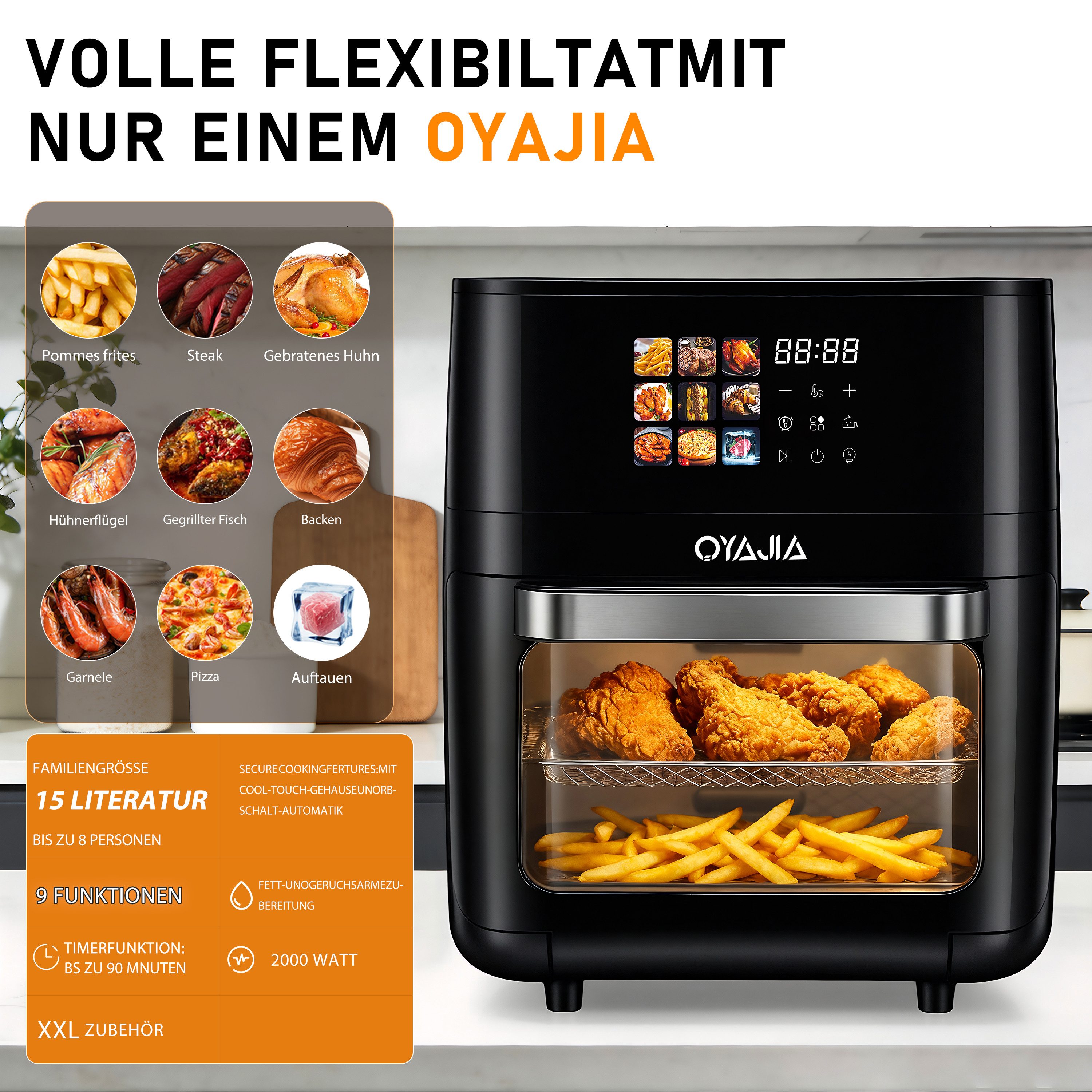 oyajia Heißluftfritteuse Multifunktionsofen 15L, Backofen Umluft, Grill, Dörrautomat, Air Fryer, 2000 W, XXL Fritteuse ohne Öl mit Zubehör für Pizza, Hähnchen, Pommes uvm.