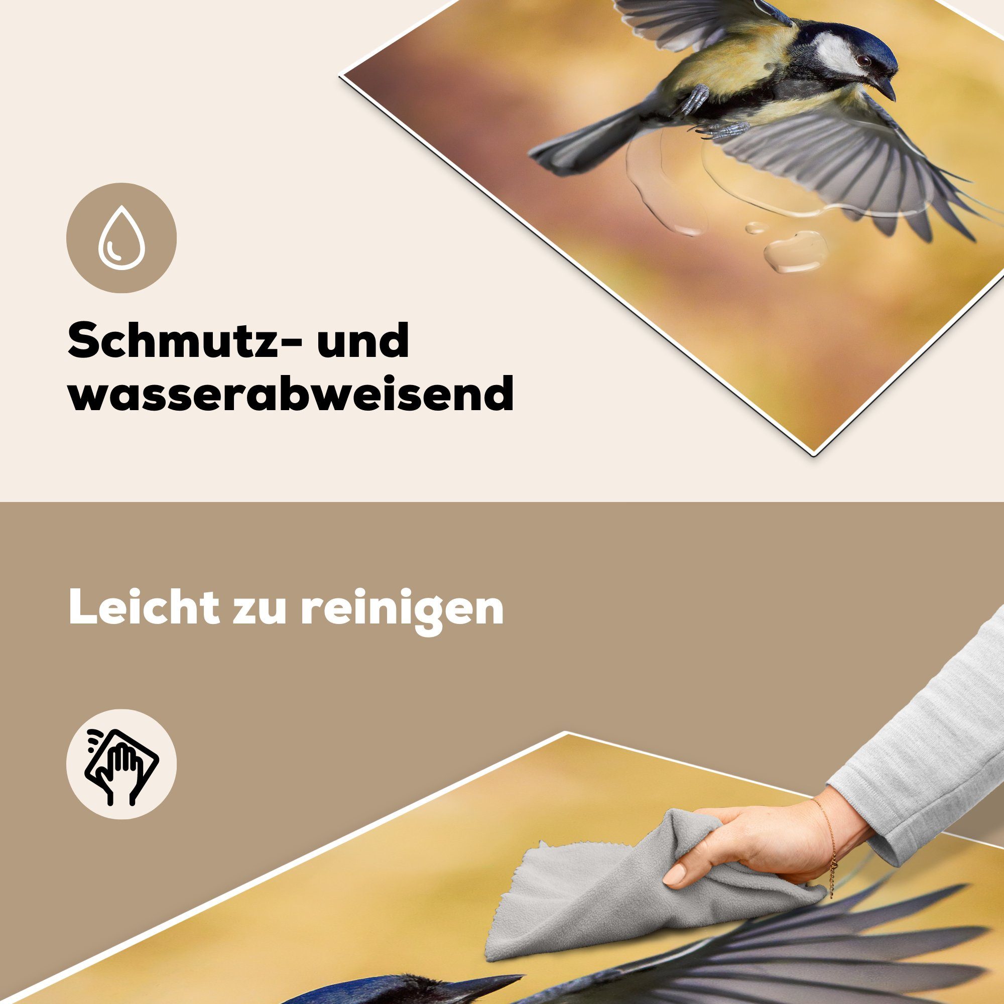 Kohlmeise küche, für MuchoWow Induktionskochfeld 71x52 die Schwingen Vinyl, Ceranfeldabdeckung cm, Die tlg), der (1 Schutz im Herdblende-/Abdeckplatte Flug,