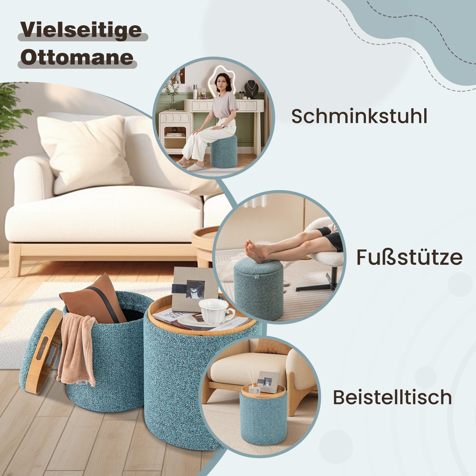 COSTWAY Sitzhocker, 2er Set, runder Fußhocker mit Stauraum, wendbarem Deckel