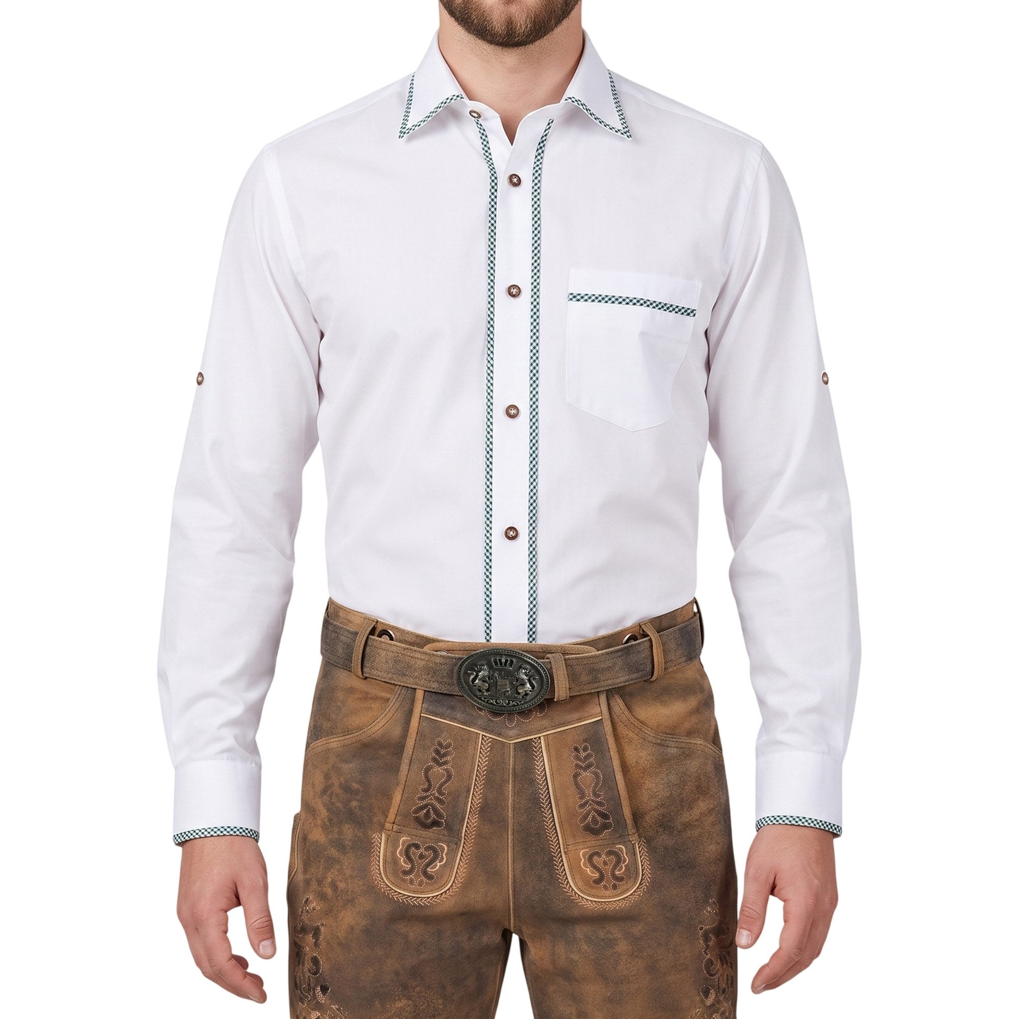 German Wear Trachtenhemd GW1254 White/Green Trachtenhemd Freizeit Hemd Weiß