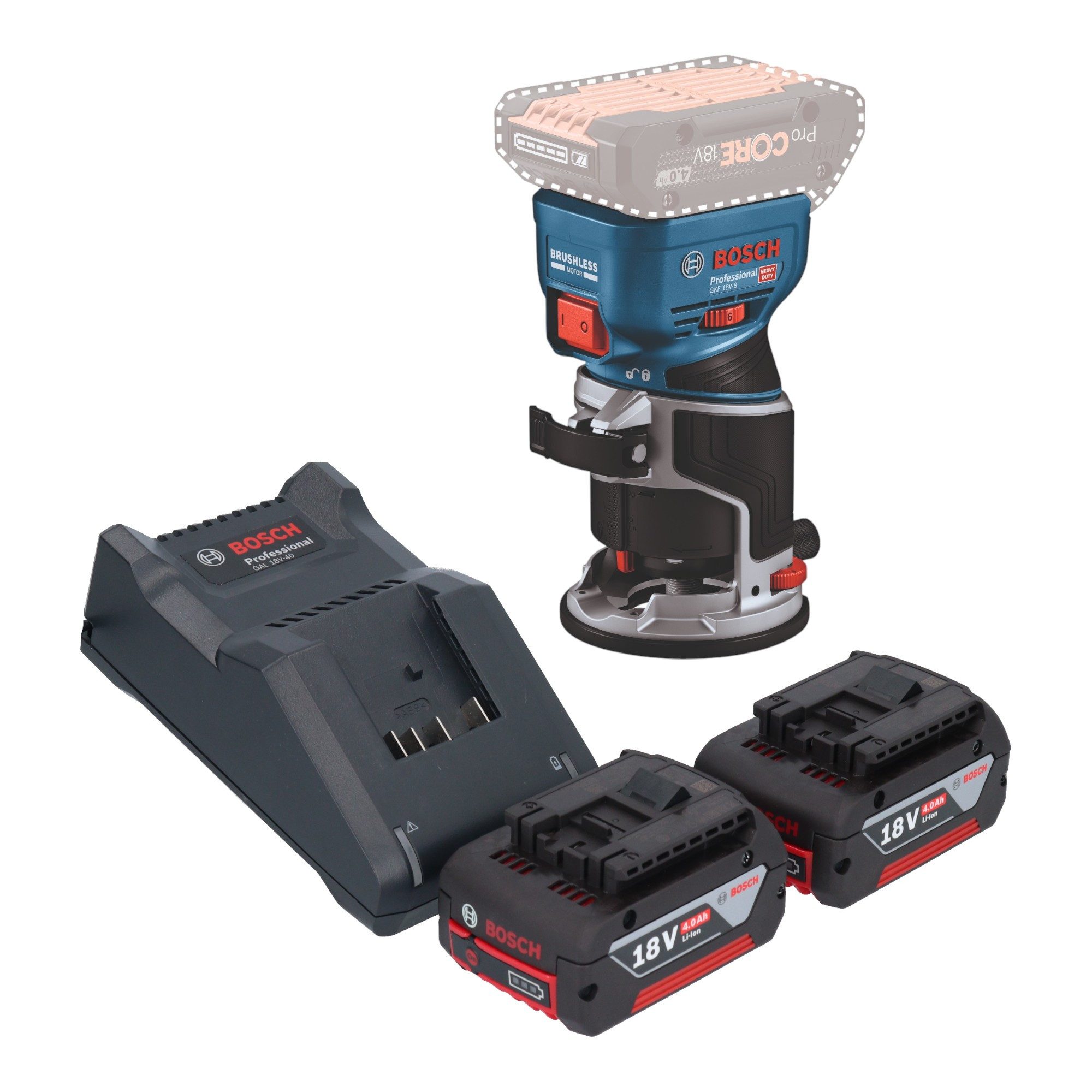 Bosch Professional Oberfräse GKF 18V-8 Professional 18 V 8,0 mm + 2x Akku 4,0 Ah + Ladegerät