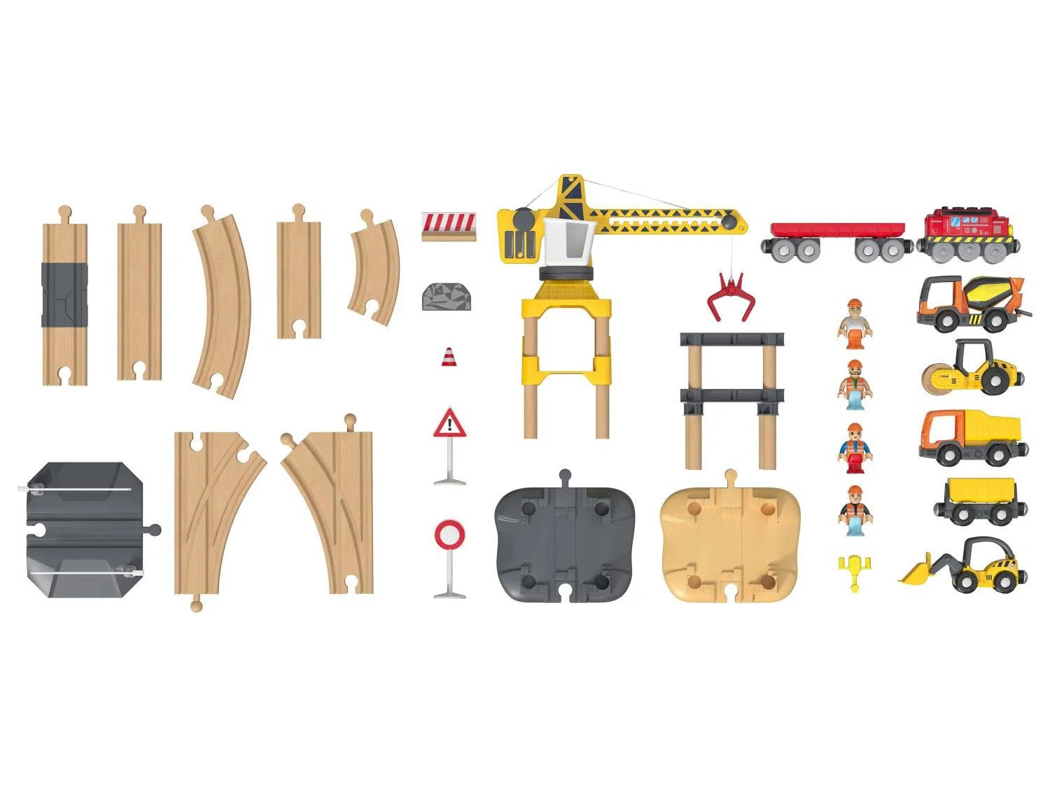 lupilu Spielzeug-Eisenbahn Eisenbahn Holz Spielzeug Licht- & Soundeffekt Baustelle, (Spielset, 59-tlg., 59-teiliges Baustellen-Spielset), Motorzug – Baustellen-Abenteuer