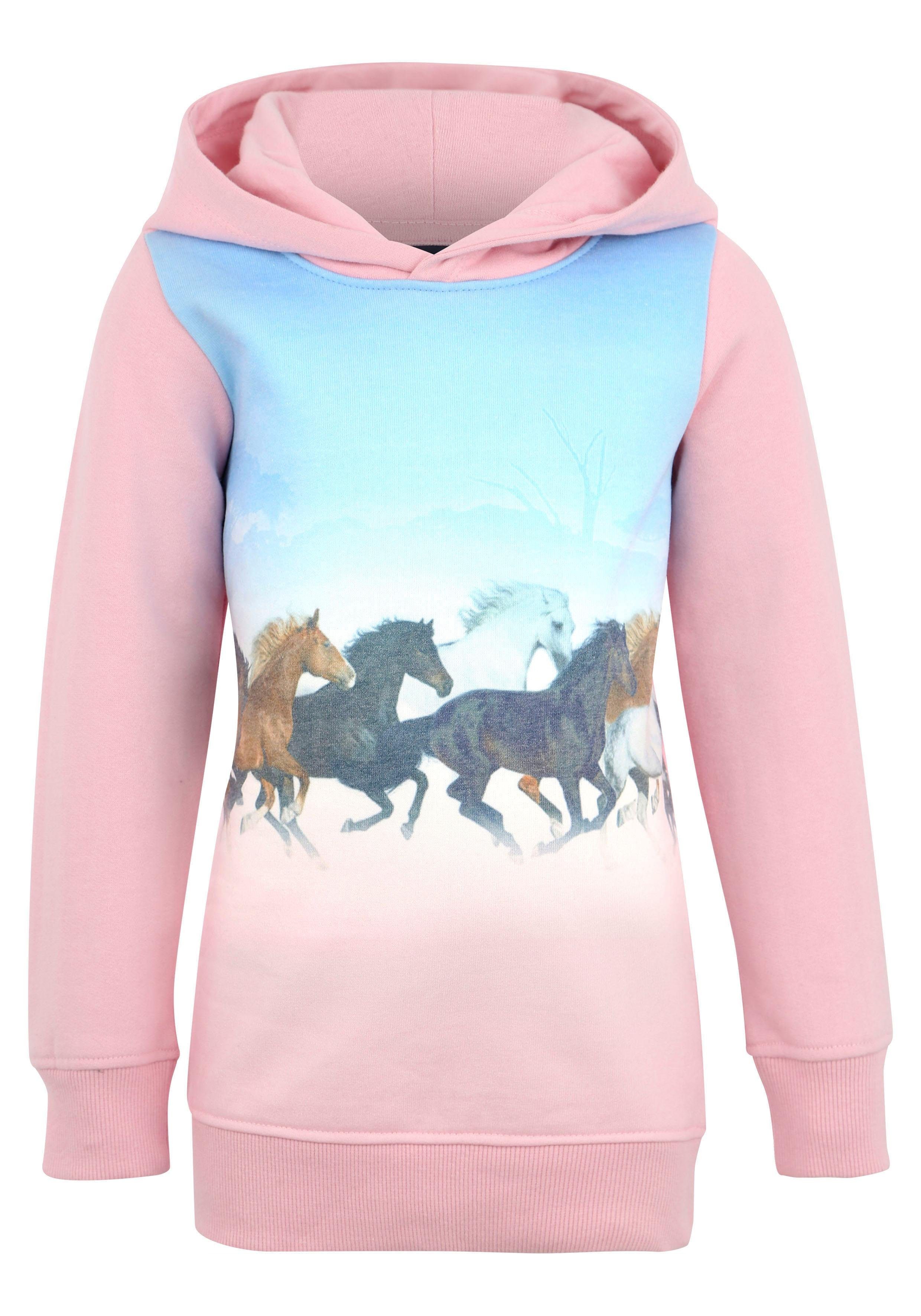 KIDSWORLD Longsweatshirt für kleine Mädchen Langarm, bedruckt, mit Kapuze, aus angerauter Sweatware. Reduzierter Preis € 18,89. Unverbindliche Preisempfehlung € 26,99, (€ 18,89 pro 1 Stk)