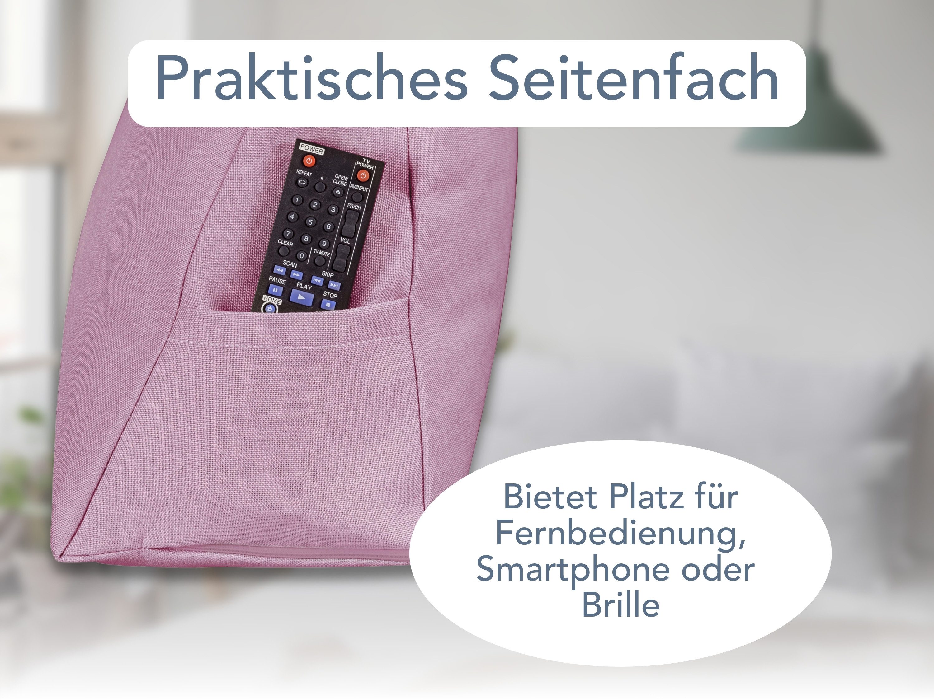 XDREAM Rückenkissen ergonomisches Keilkissen für Bett und Sofa, 1-tlg., als Kopfkissen oder Venenkissen verwendbar, mit praktischem Seitenfach