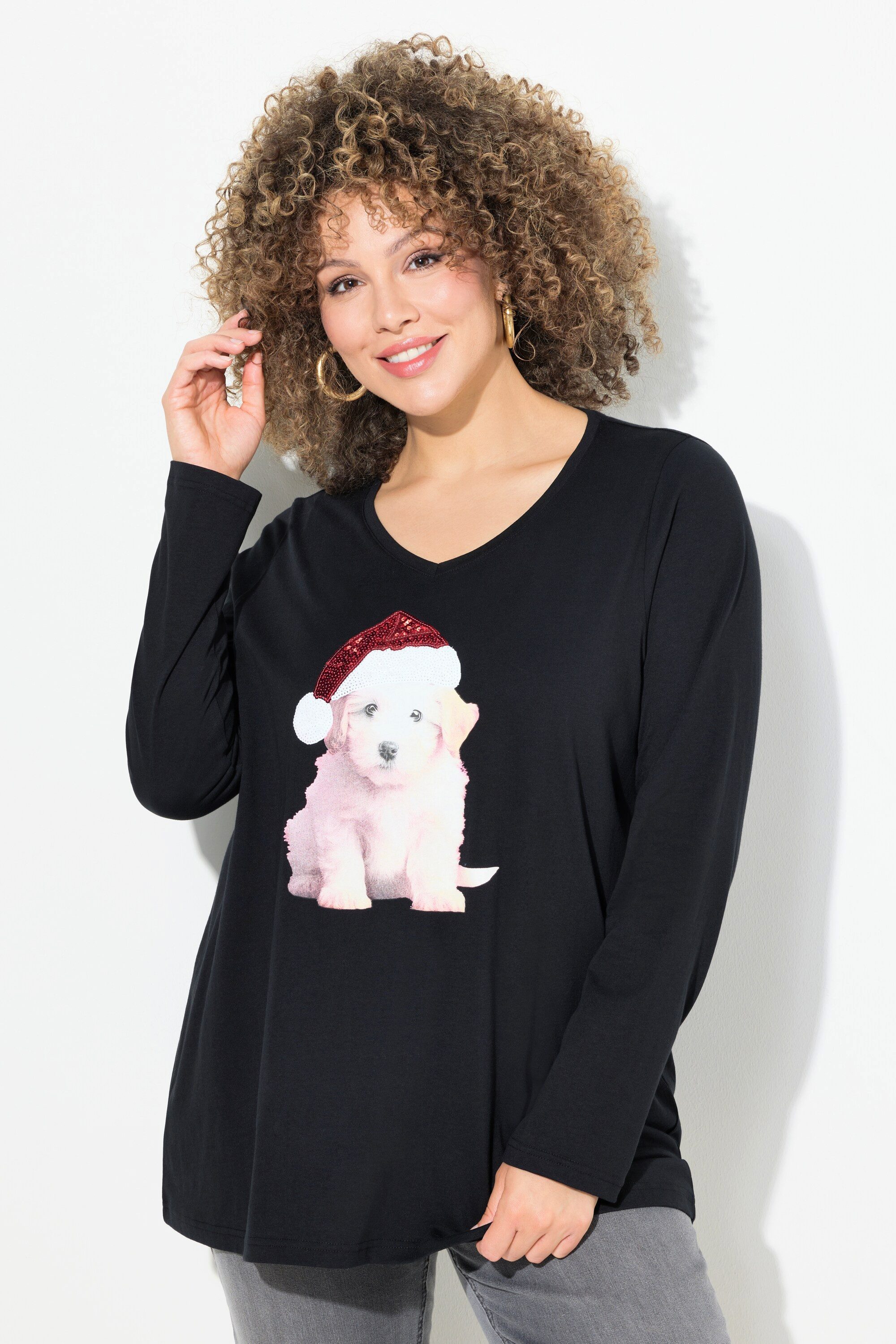 Ulla Popken Longsleeve Weihnachtsshirt Welpe A-Linie V-Ausschnitt Langarm