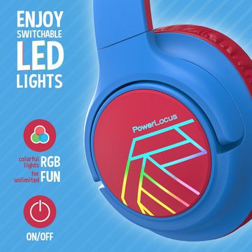 PowerLocus BPA-frei Komfort Kinder-Kopfhörer (mit Klare Soundqualität und nahtlose Kommunikation mit Hi-Fi-Stereo und geräuschunterdrückendem Mikrofon, mit LED-Lichtern im Dunkeln, faltbares Design und Premium-Tragetasche)