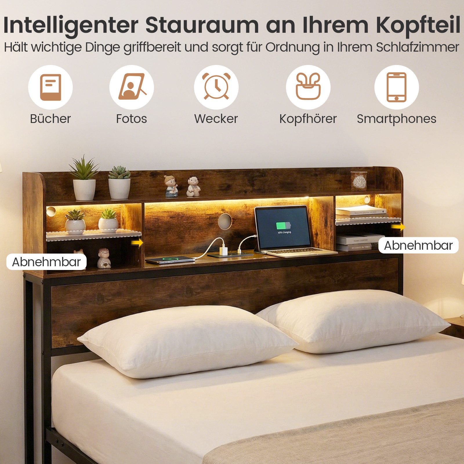 COSTWAY Bettgestell (1-tlg), Doppelbett mit LED, Ladestation, Kopfteil, 140x200cm
