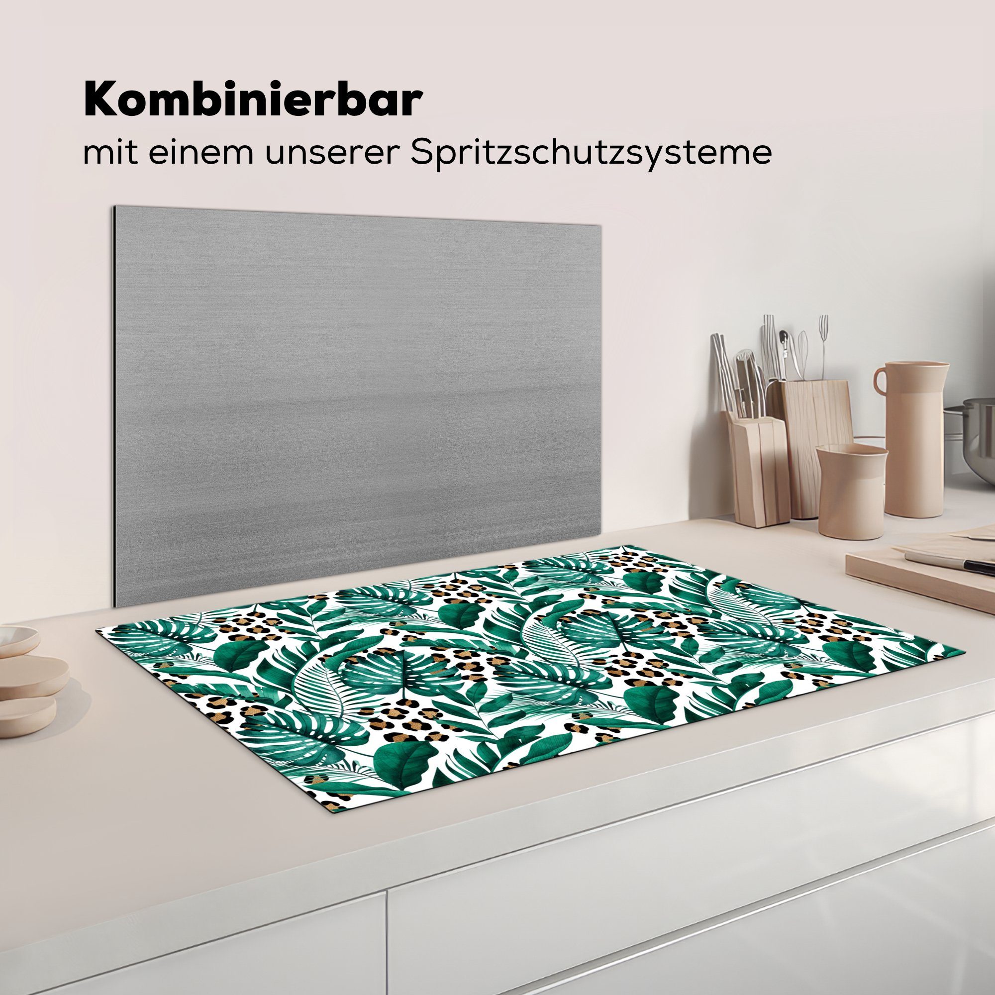 - - Panther für Herdblende-/Abdeckplatte - cm, Arbeitsplatte Ceranfeldabdeckung, Tiermotiv (1 MuchoWow - Blätter tlg), Dschungel, küche 83x51 Tropisch Vinyl,