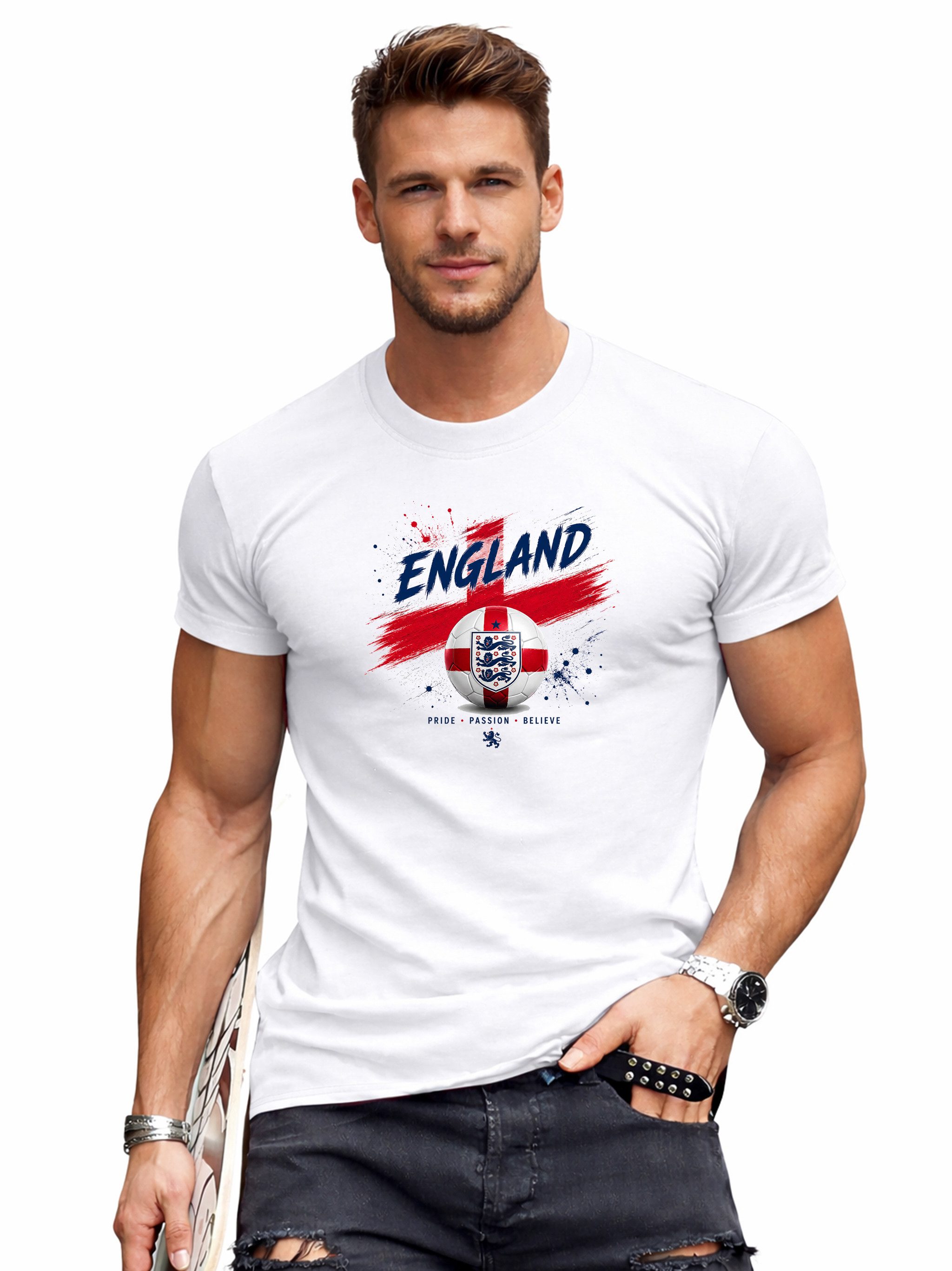 RMK T-Shirt Herren Shirt Rundhals Basic Fußball England WM 100% Baumwolle