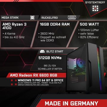 SYSTEMTREFF Basic Gaming-PC-Komplettsystem (24", AMD Ryzen 3 4100, Radeon RX 6600, 16 GB RAM, 512 GB SSD, Windows 11, WLAN)