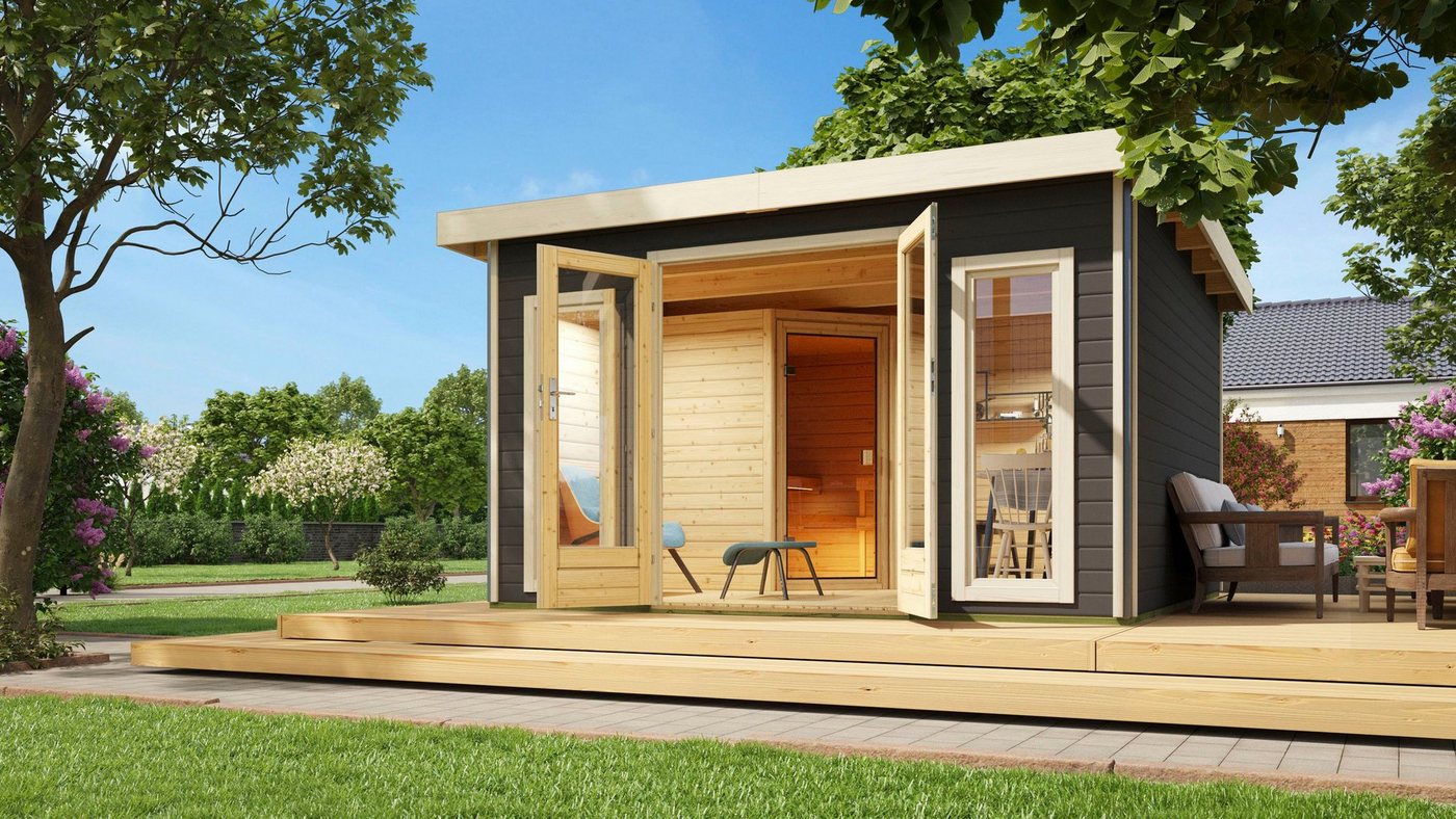 Thumbnail - KONIFERA Saunahaus Maiko 3 SET B, BxTxH: 369 x 309 x 229,5 cm, 38 mm, terragrau, mit Ofen 9 kW ext. Steuerung