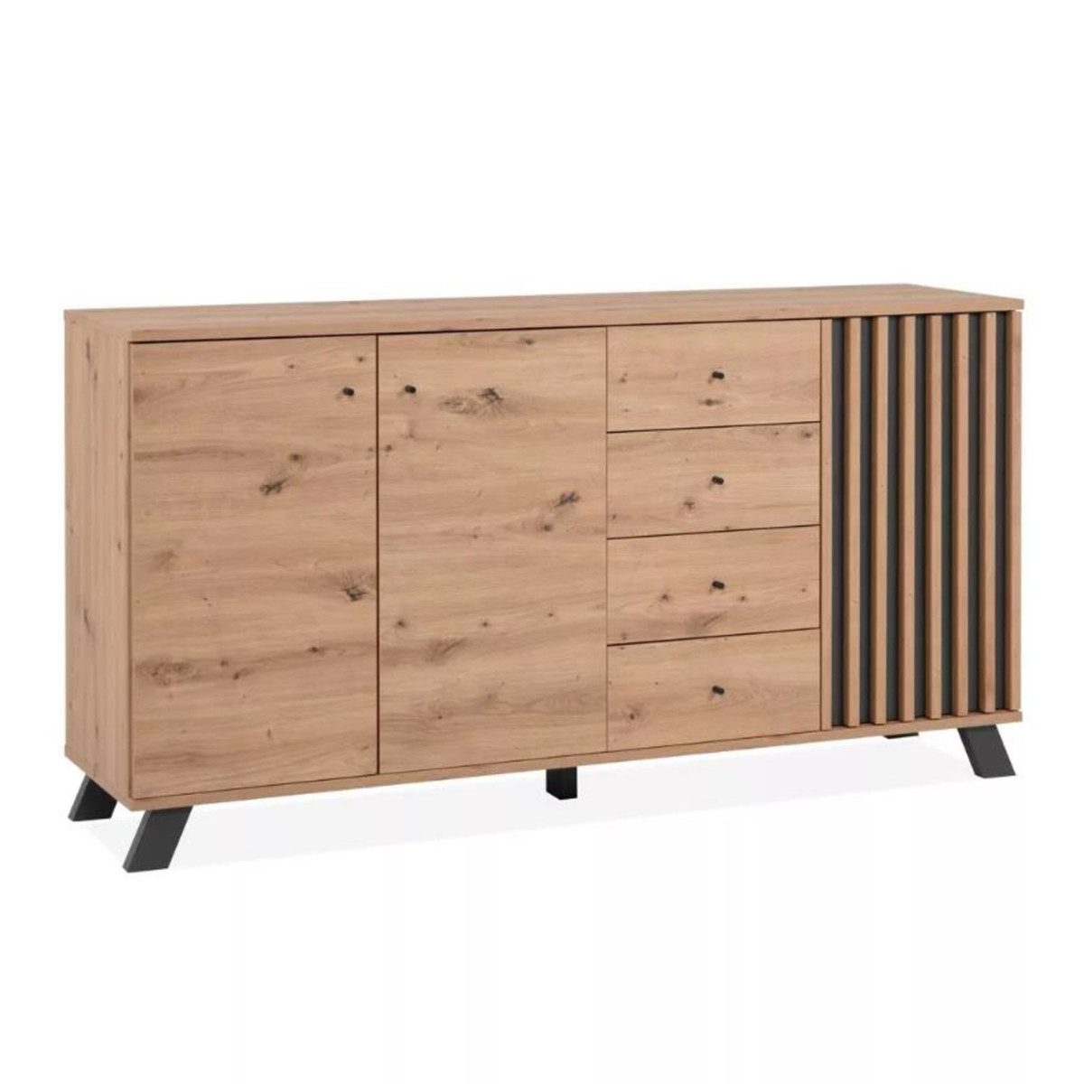 Liadomo Sideboard Fedan, Kommode, Stauraummöbel, Landhaus, Skandi (in Eichefarben mit Lamellen), 3 Türen, 4 Schubladen, Breite 160 cm