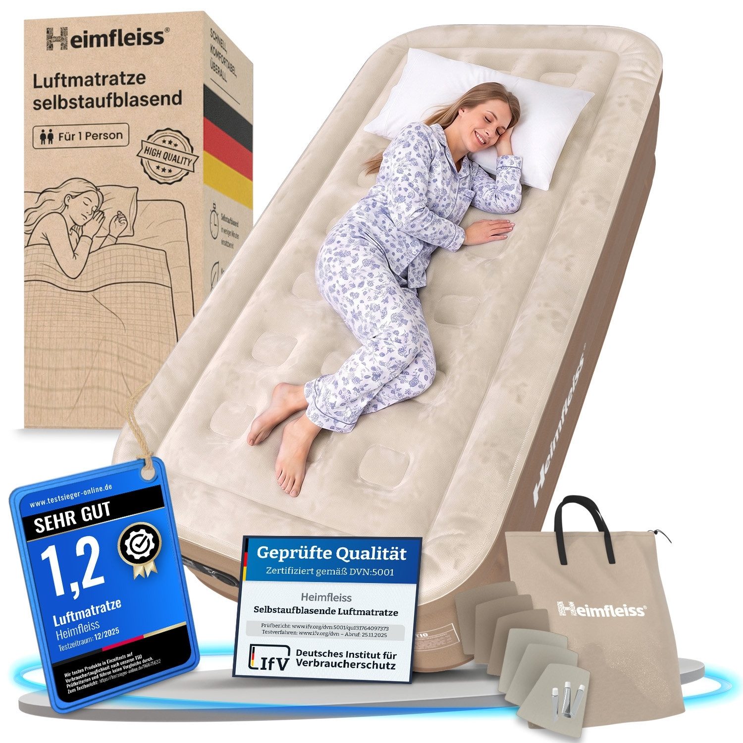 Heimfleiss® Luftmatratze Luftbett selbstaufblasend integrierte Pumpe, (Reisebett Matratze mit Elektropumpe, 3-St., inkl. Tragetasche und Reparatur-Kit), 1 Person 198x99x46 cm, 150 kg