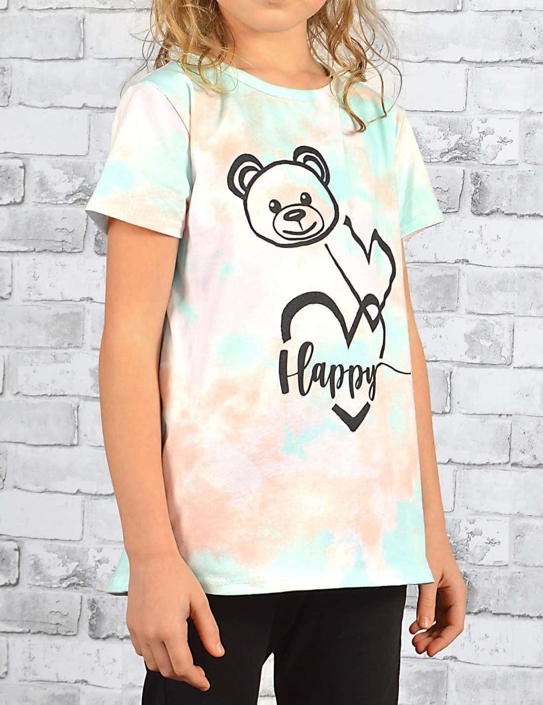 KMISSO Mädchen Print Lachs T-Shirt T-Shirt (1-tlg) Batikdruck Bärchengesicht mit