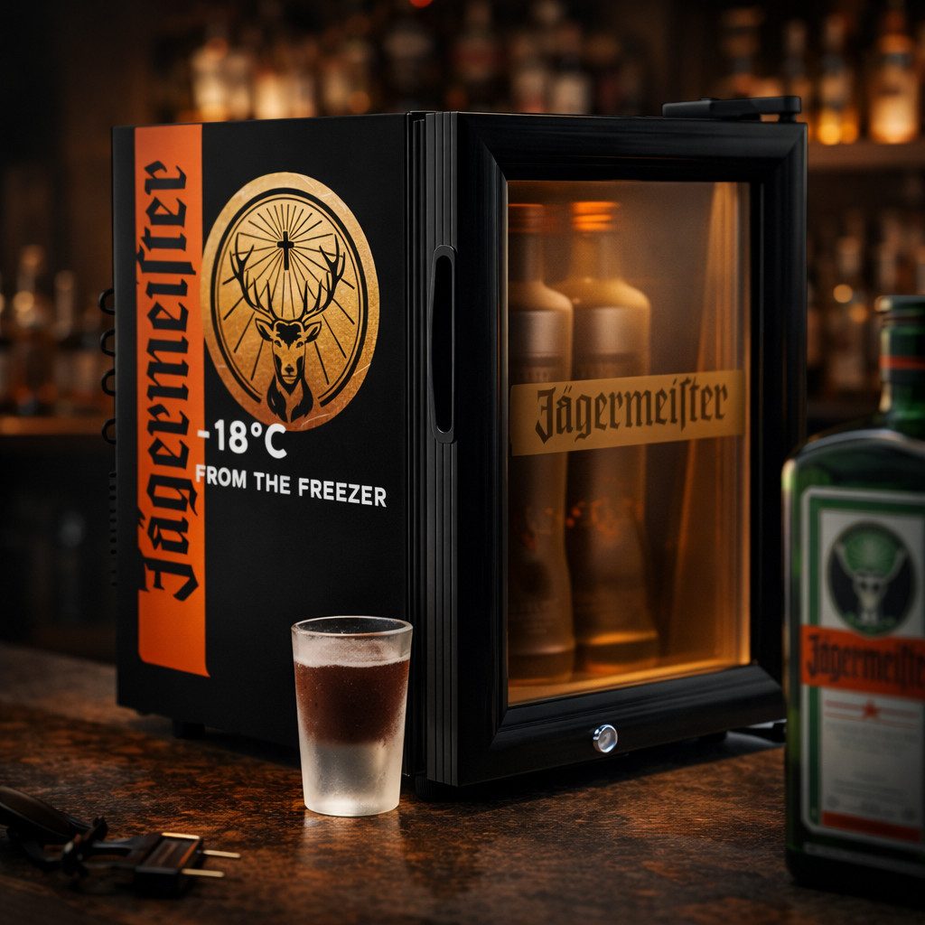 Jägermeister Gläser-Set Jägermeister Mini Freezer Kühlschrank Gefrierschrank 21 Liter