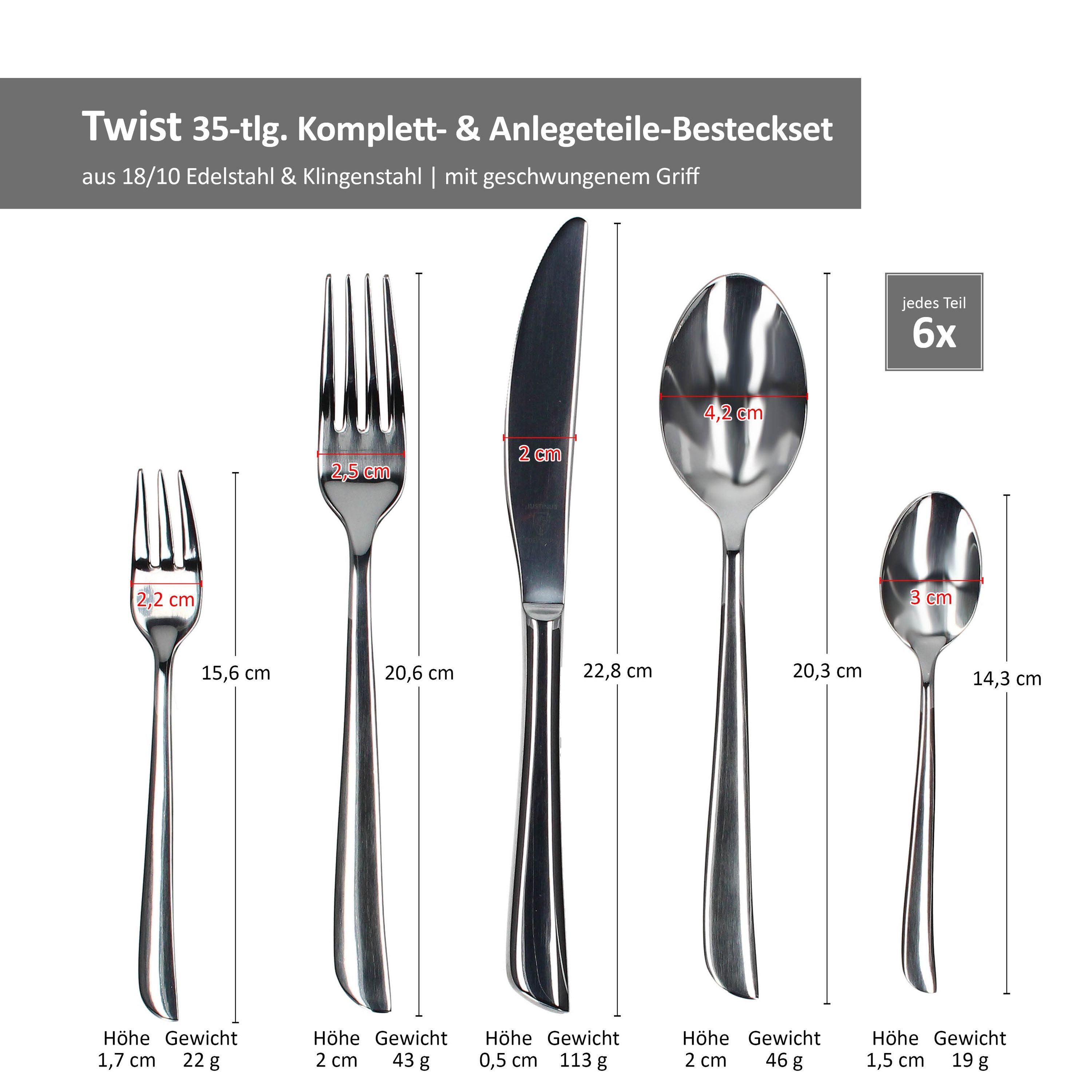 Justinus Besteck-Set 35tlg Twist Komplett-Besteck-Set inkl Anlegeteile 6 Personen, Edelstahl