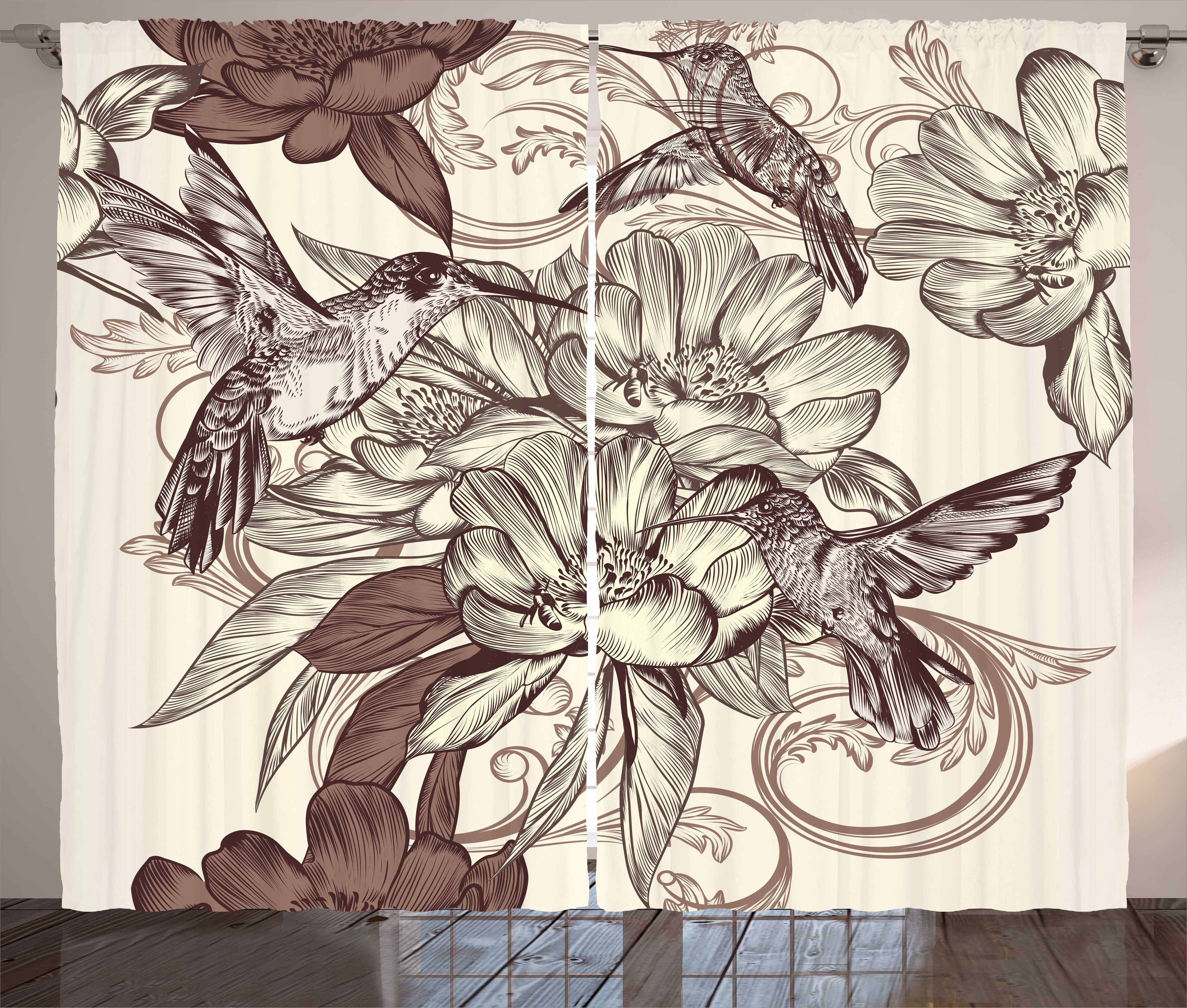 Gardine Schlafzimmer Kräuselband Vorhang mit Schlaufen und Haken, Abakuhaus, Kolibri Vogel-Blumen-Muster