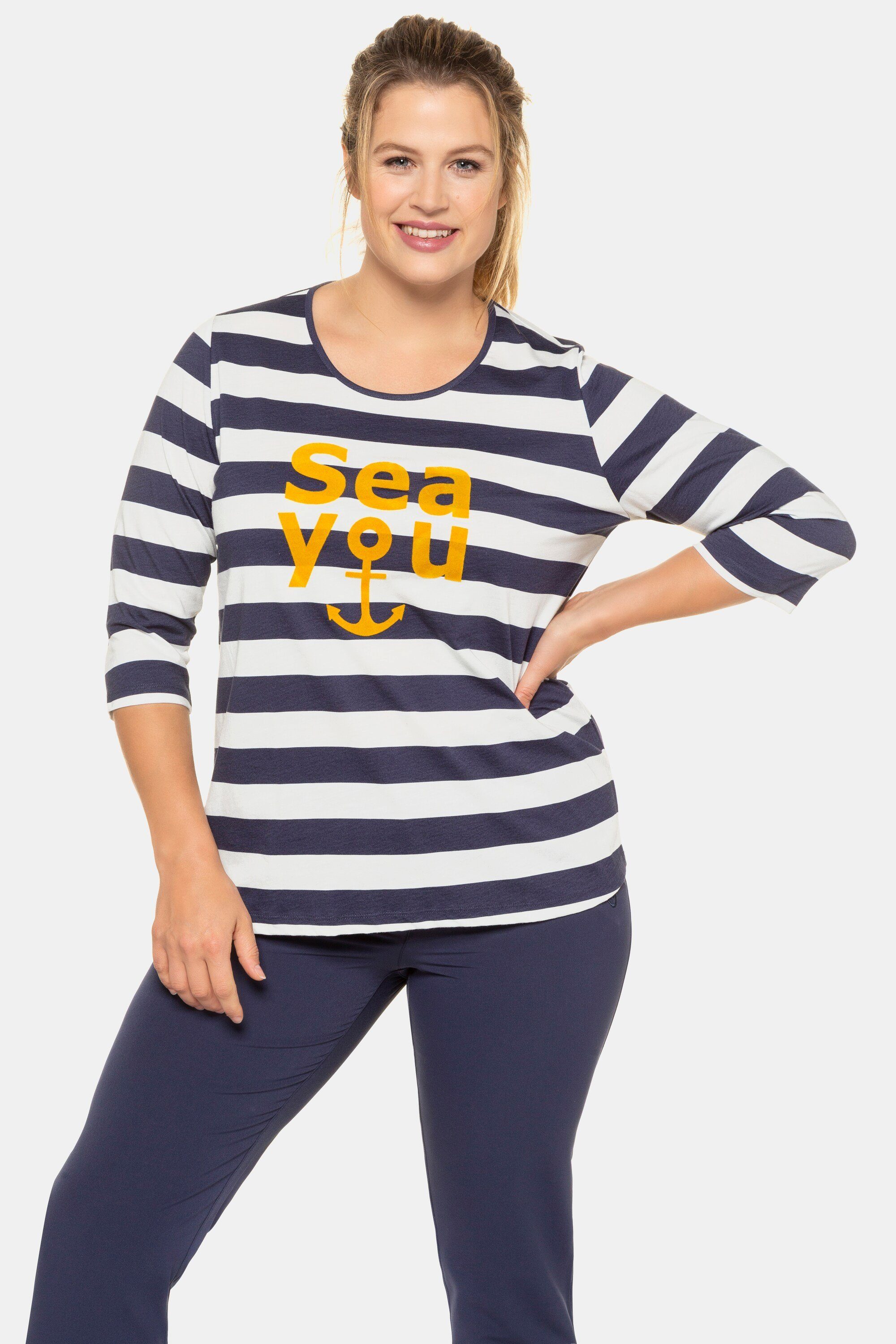 Ulla Popken Rundhalsshirt Ringelshirt Motiv "Sea You" Classic 3/4-Arm