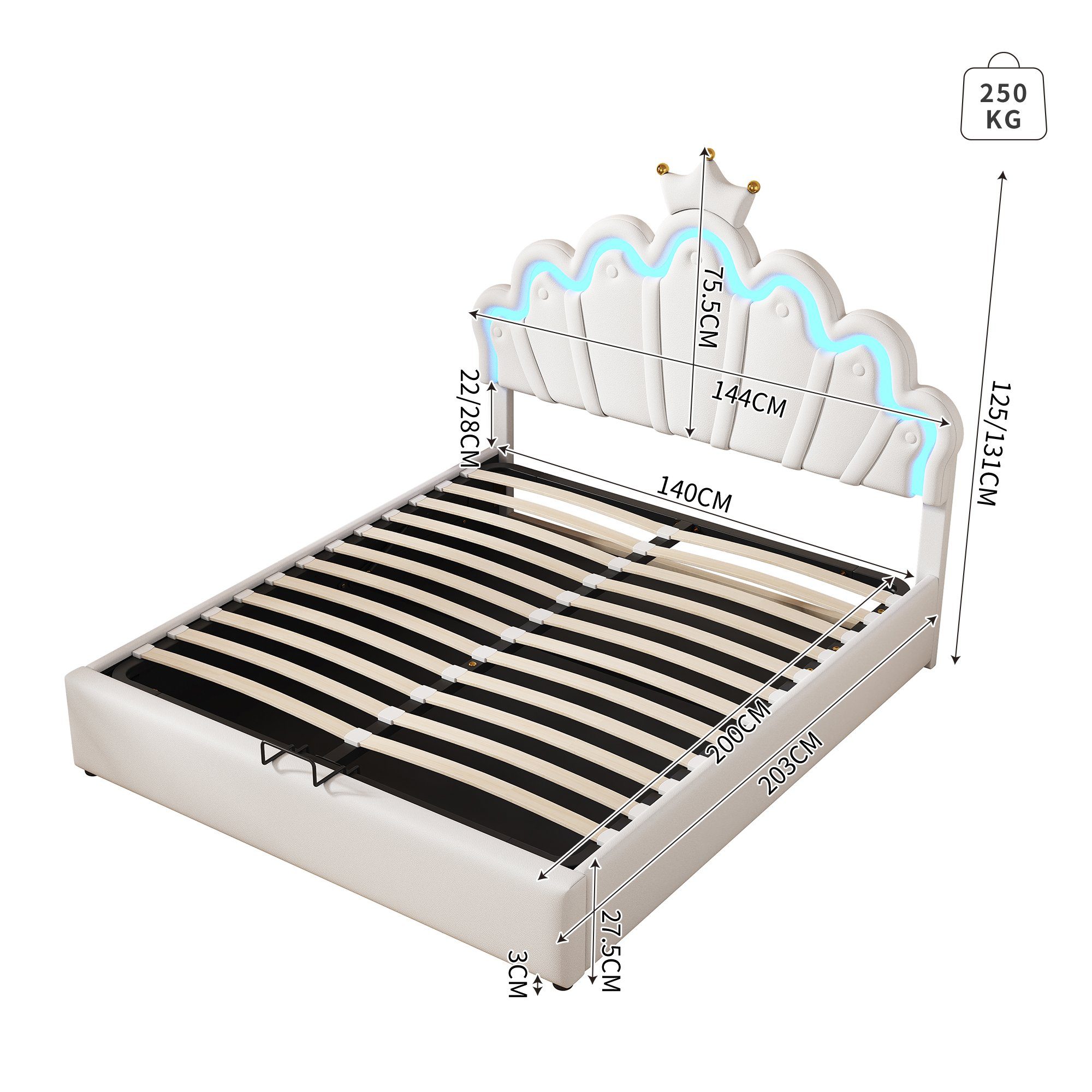 Flieks Polsterbett, LED Kinderbett Doppelbett mit krone-Form Prinzessinnenb günstig online kaufen