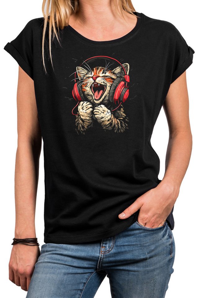 MAKAYA T-Shirt Lustiges Katzenshirt für Damen – Musik Katze mit Kopfhörern (Schwarz, Blau, Dunkelgrau, 34, 36, 38, 40, 42, 44, 46, 48, 50) Baumwolle