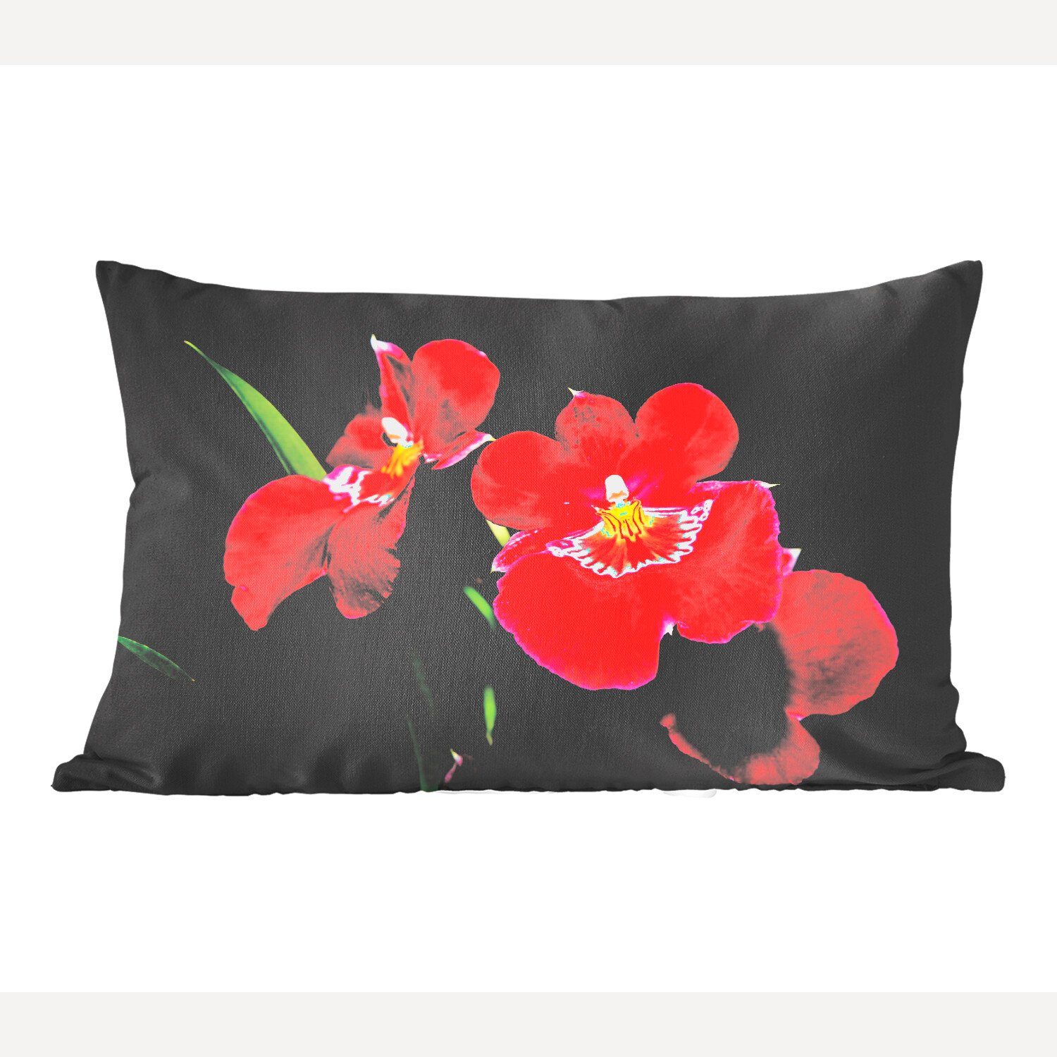 MuchoWow Dekokissen Rote Orchideen vor einem schwarzen Hintergrund, Wohzimmer Dekoration, Zierkissen, Dekokissen mit Füllung, Schlafzimmer