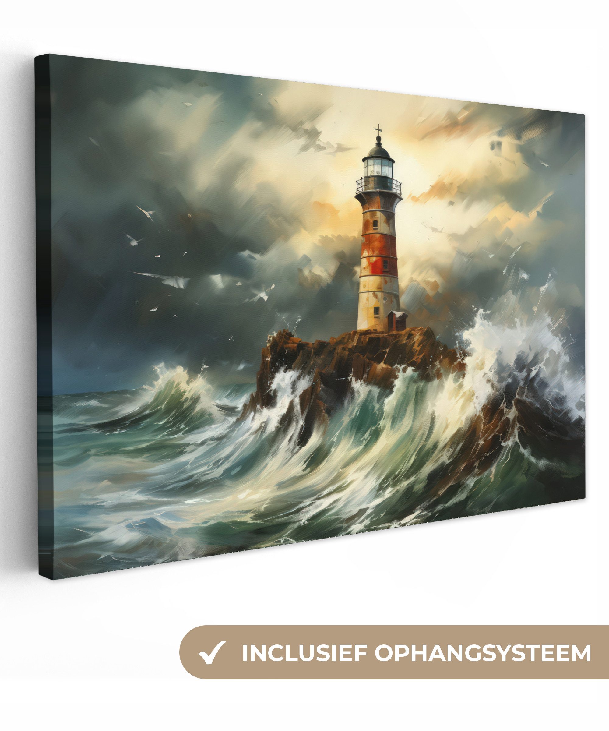 OneMillionCanvasses® Leinwandbild Leuchtturm - Wasser - Meer - Felsen - Ölfarbenoptik, Fotodruck (1 St), Leinwand Bilder Klein, Wand Dekoration Aesthetic 30x20 cm