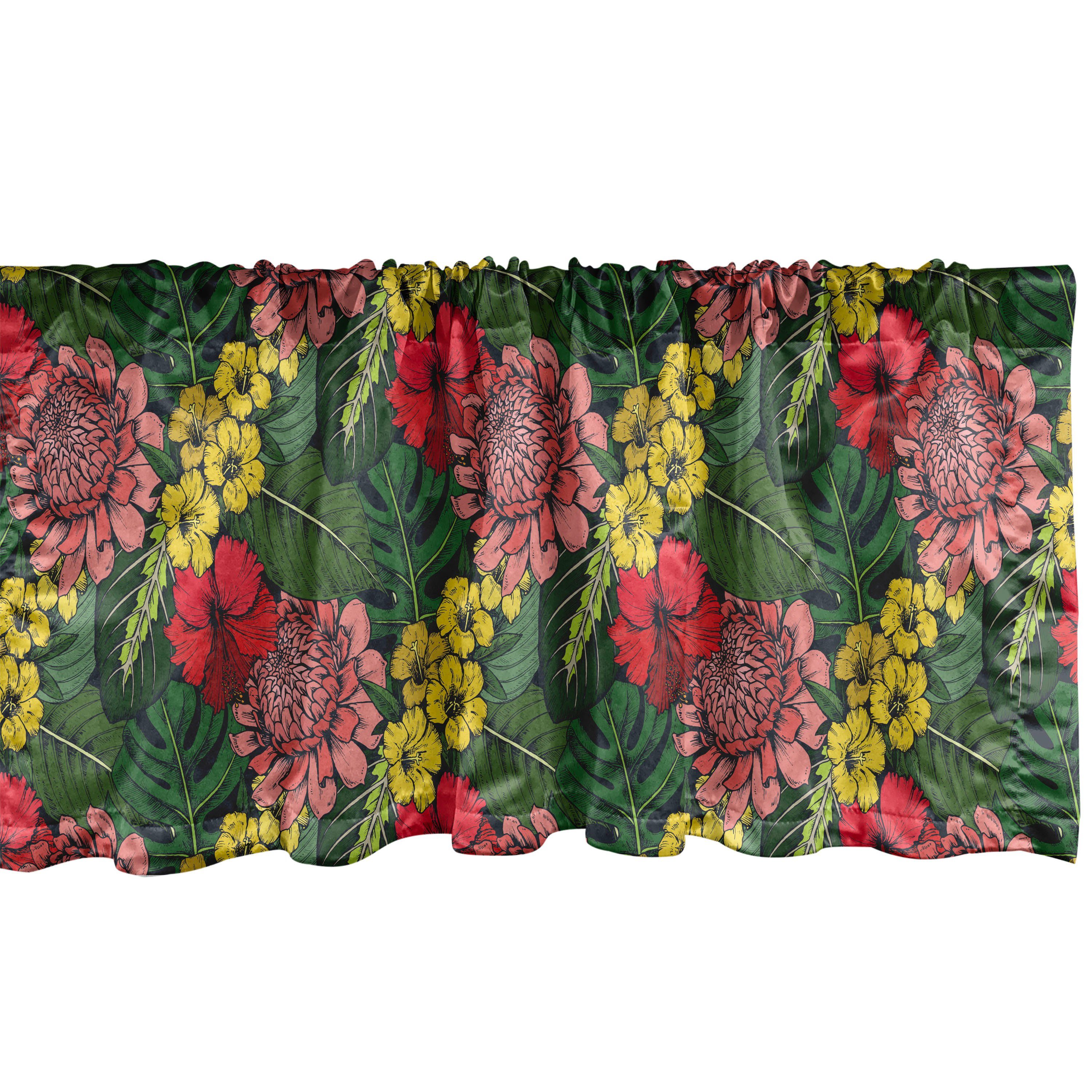 Scheibengardine Vorhang Volant für Küche Schlafzimmer Dekor mit Stangentasche, Abakuhaus, Microfaser, Tropisch Dschungel-Blumen und Blätter